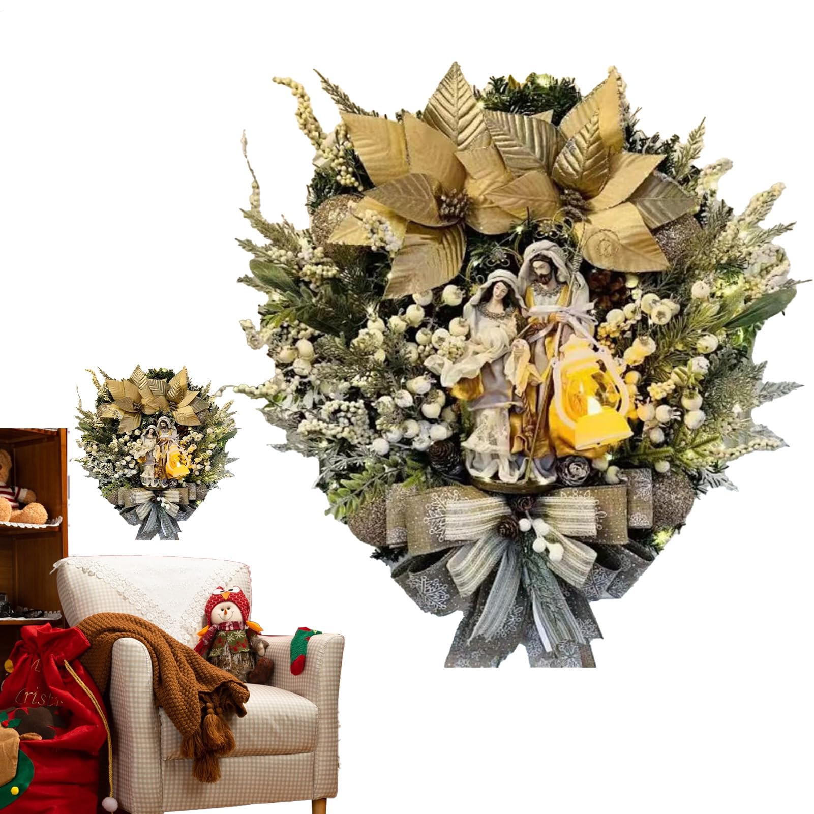 Couronne De Noël pour Porte Décoration De Couronne Lumineuse De Fête | Ornement De Fenêtre De Fête Pour Extérieur Intérieur Cheminée Manteau Porche Fenêtre Porte Table Soirée Noël