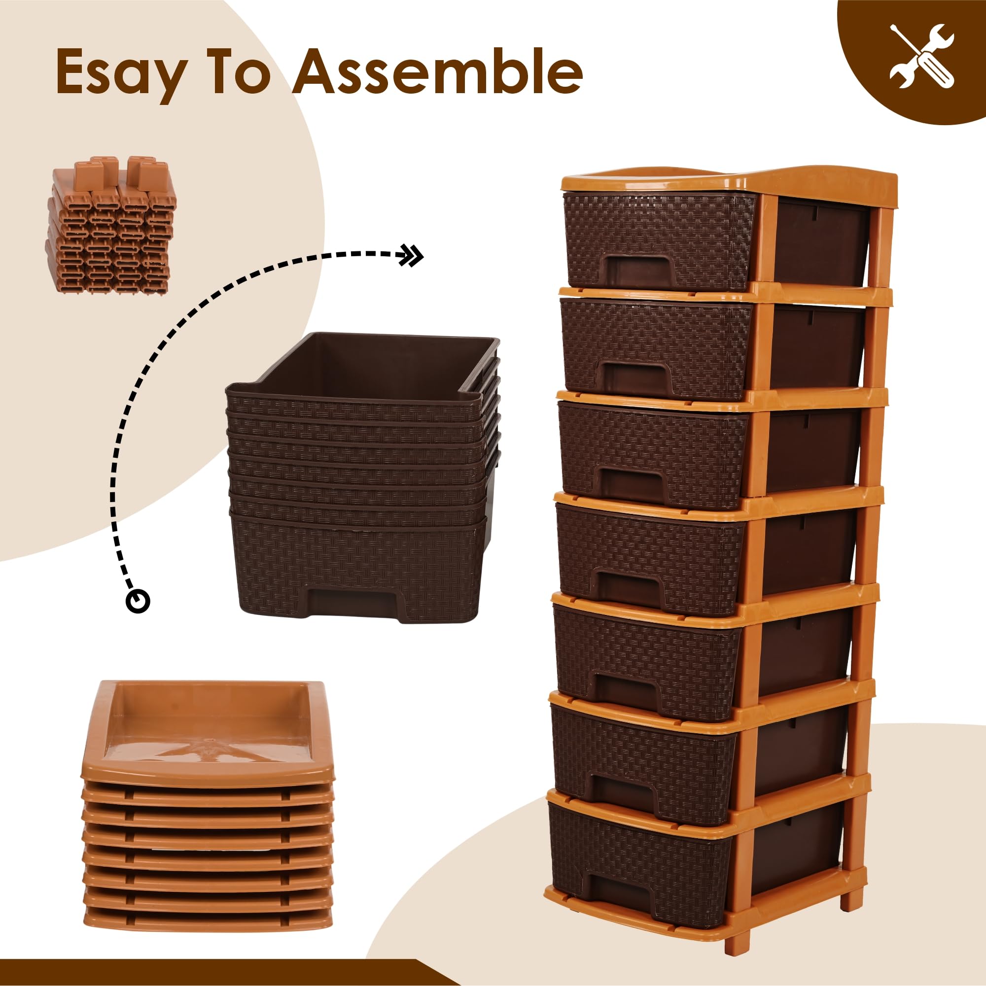 Kuber Industries Modułowy organizer do przechowywania szuflad, 7-warstwowy i 57 l, łatwy do czyszczenia, organizer na książki, ubrania i zabawki, do pokoju dziecięcego, łazienki i salonu, czekoladowy