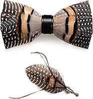 RBOCOTT Handmade Feather Pre-Tied Bow Tie & Brooch Set for Men - Recycled Feathers, Leather, Unique Style