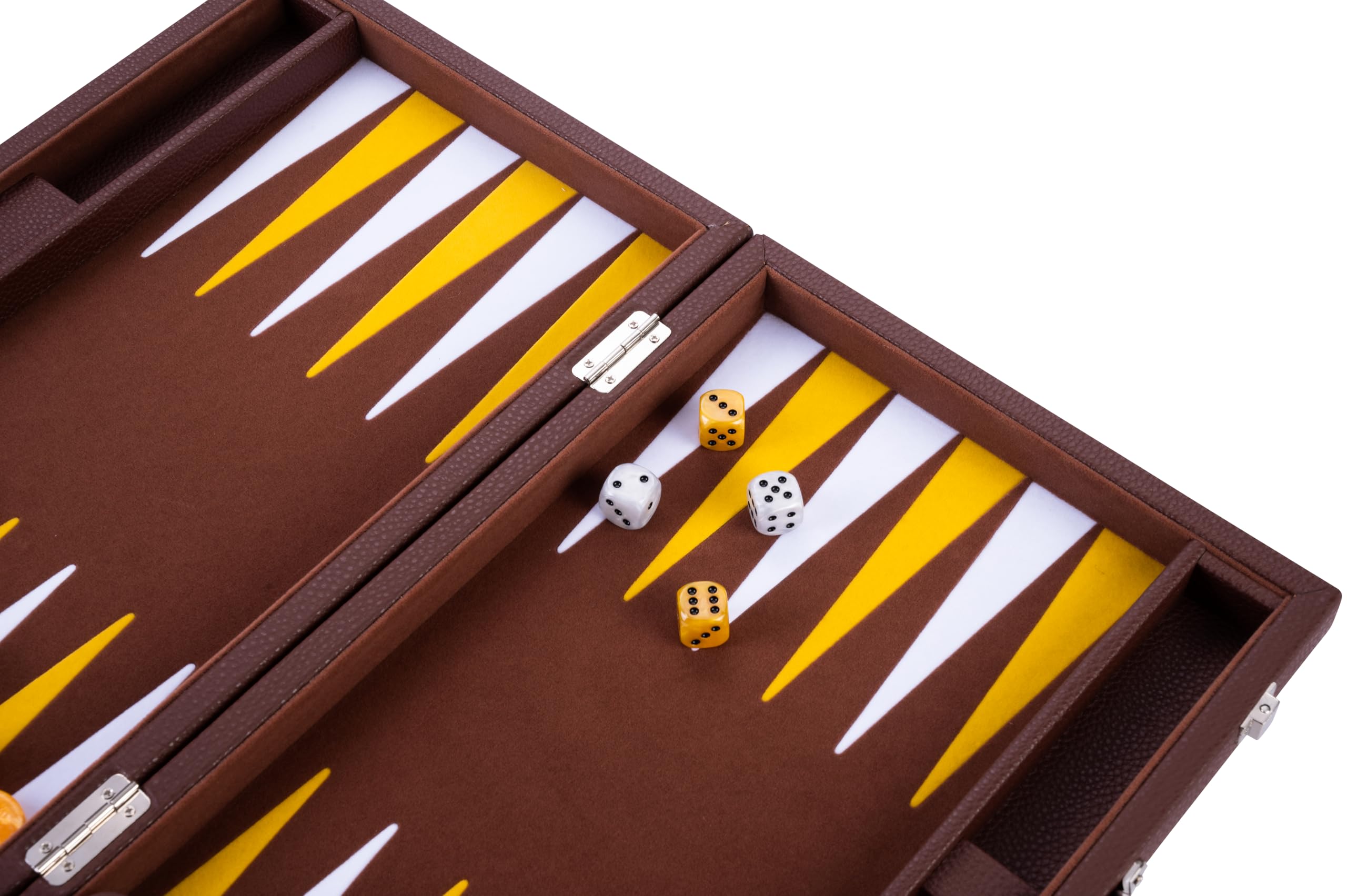 Engelhart 250520 – Backgammon de Lujo 38 cm – Exterior Piel sintética, Interior con incrustación de Fieltro – Dados y fichas nacaradas – Incluye 2 Vasos – Juego Profesional y recreativo.