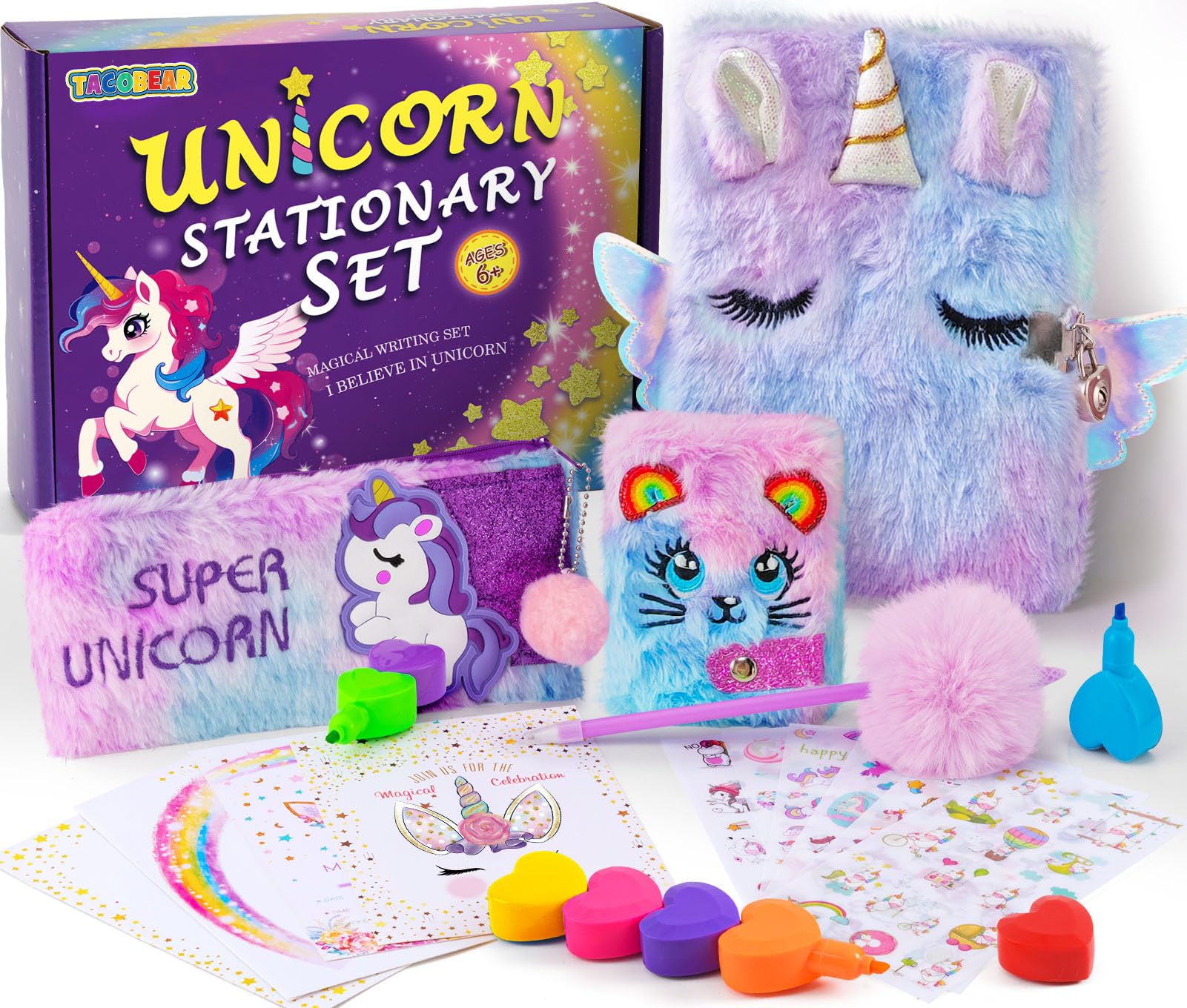 Tacobear Diario Secreto Niña Unicornios para Niñas Papelería con Bolígrafo Estuche Resaltador Invitaciones Cumpleaños Pegatinas Sobres Unicornio Juguete Regalo Niña 5 6 7 8 9 10 11 12+ Años