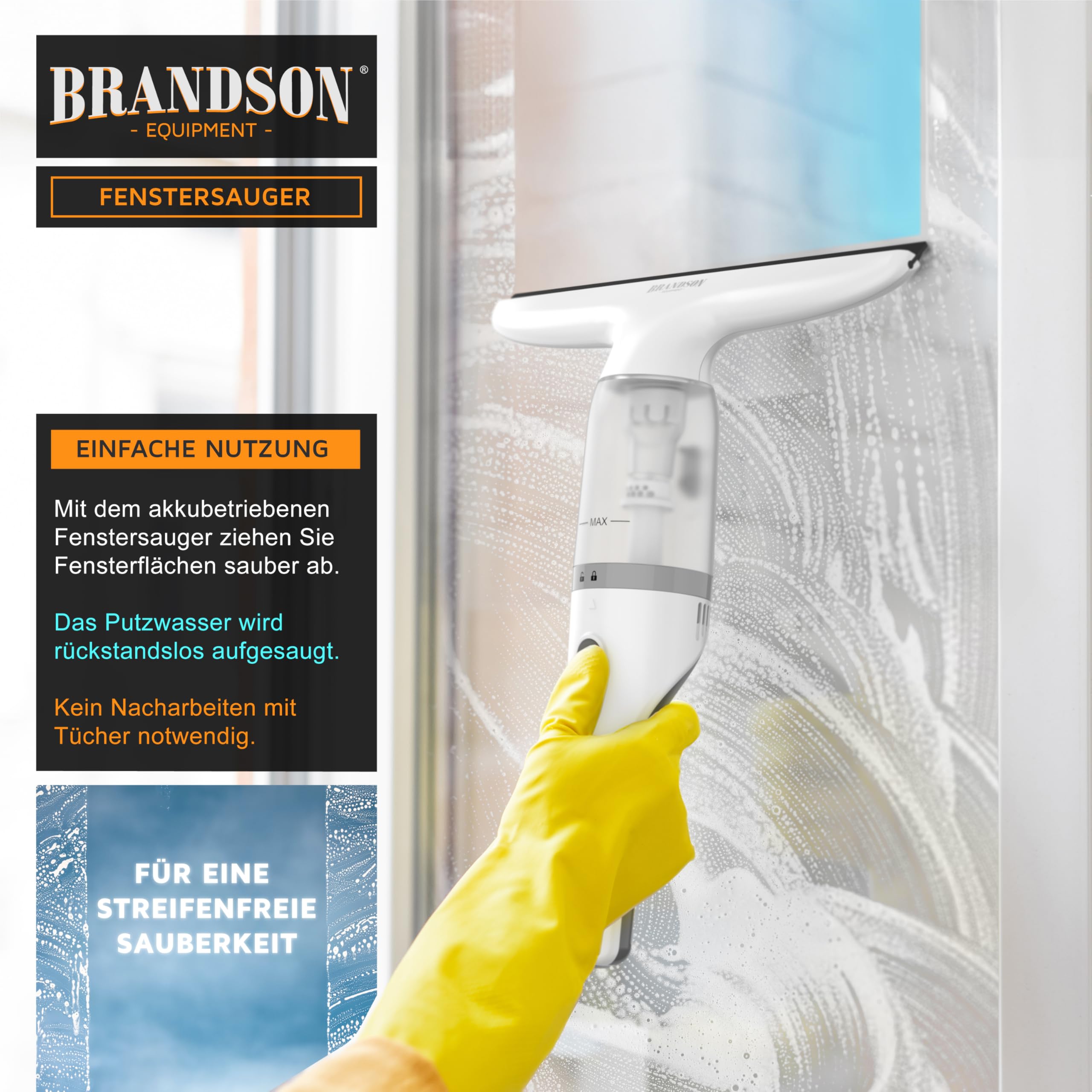 Brandson - Akku Fenstersauger kabellos – Fensterreiniger elektrisch 2200 mAh Li-Io-Akku – Laufzeit ca. 30 min. – 28 cm Saugdüse – 60 ml Wassertank – inkl. Sprühflasche