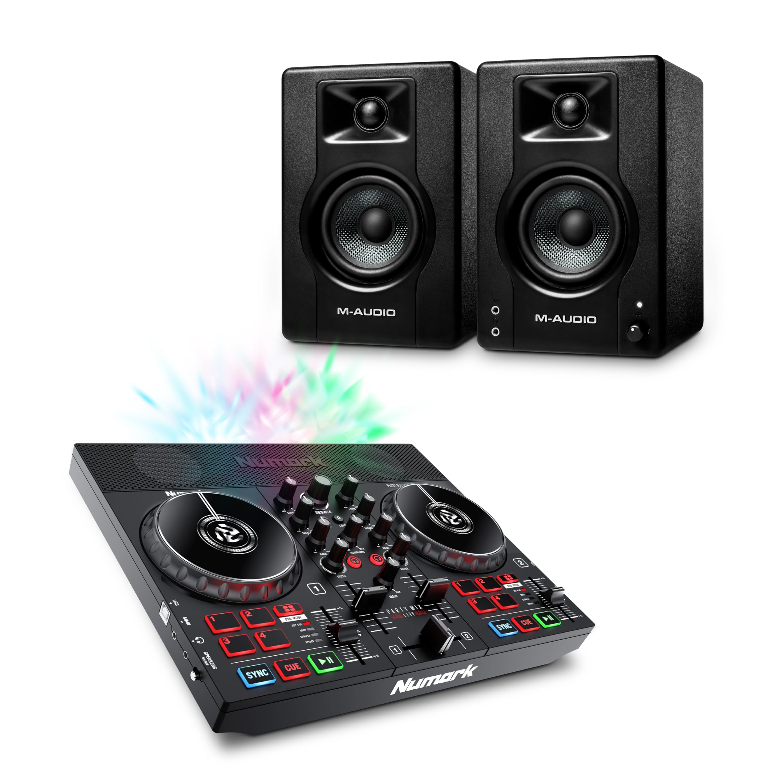 Numark Pack Contrôleur DJ Numark Party Mix Live et Paire de Moniteurs de Studio M-AUDIO BX3 pour Enregistrement Studio, Production Musicale, Podcasting, Streaming