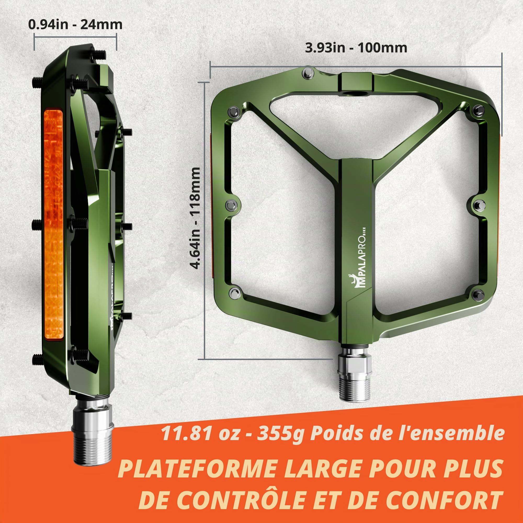 IMPALAPRO Pédale Vélo avec Bandes Réfléchissantes Aluminium CNC 9/16” – Pédales VTT à Large Plateforme avec Picots Antidérapants Amovibles – Pédale Vélo Route Légère 355 g