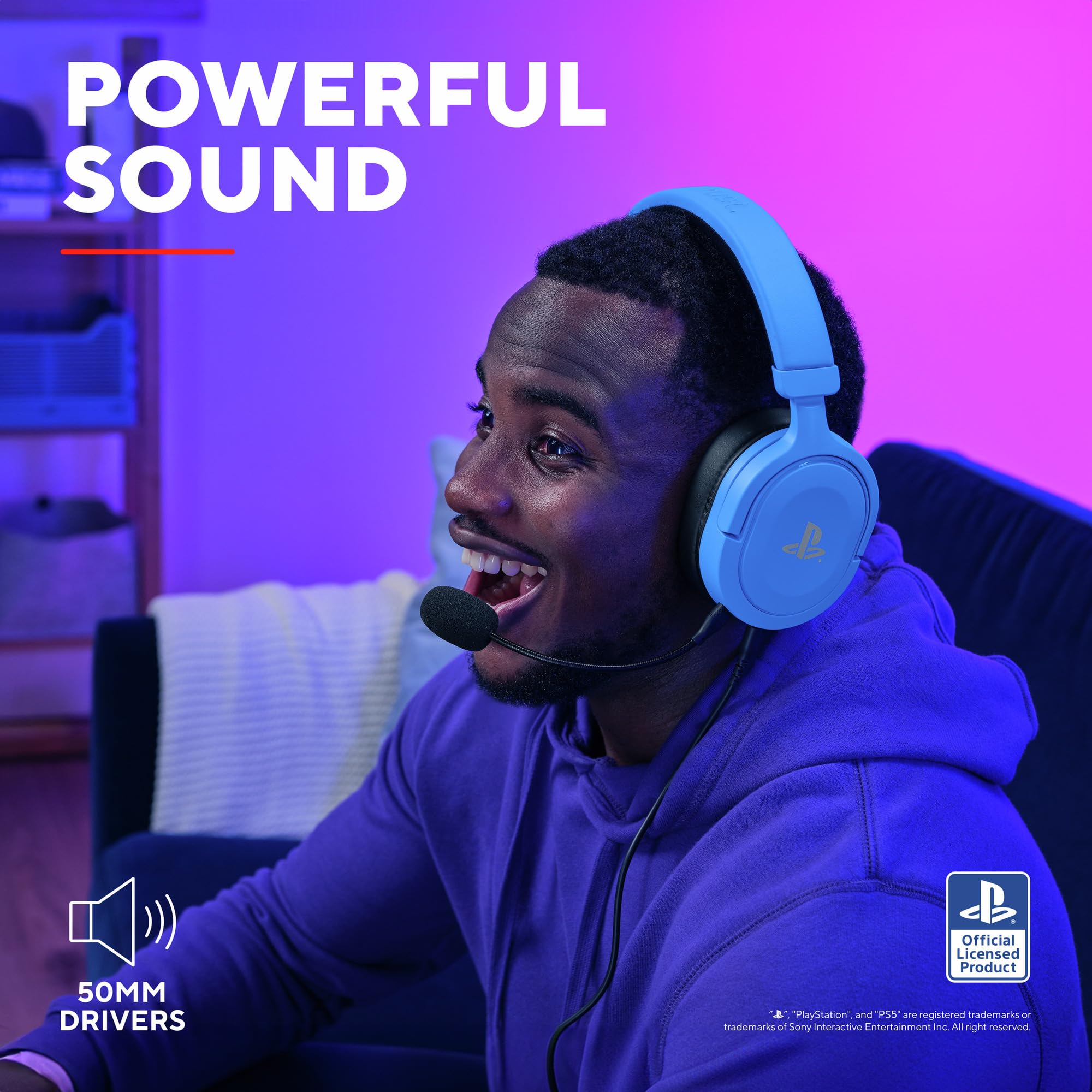 GXTrust 498B Forta Słuchawki Gamingowe PS5 / PS4, Licencja PlayStation 5, Kabel 1.2m, Przetworniki 50mm, Audio 3D, Odpinany Mikrofon, Przewodowy Zestaw Słuchawkowy Wokółuszny, Niebieski