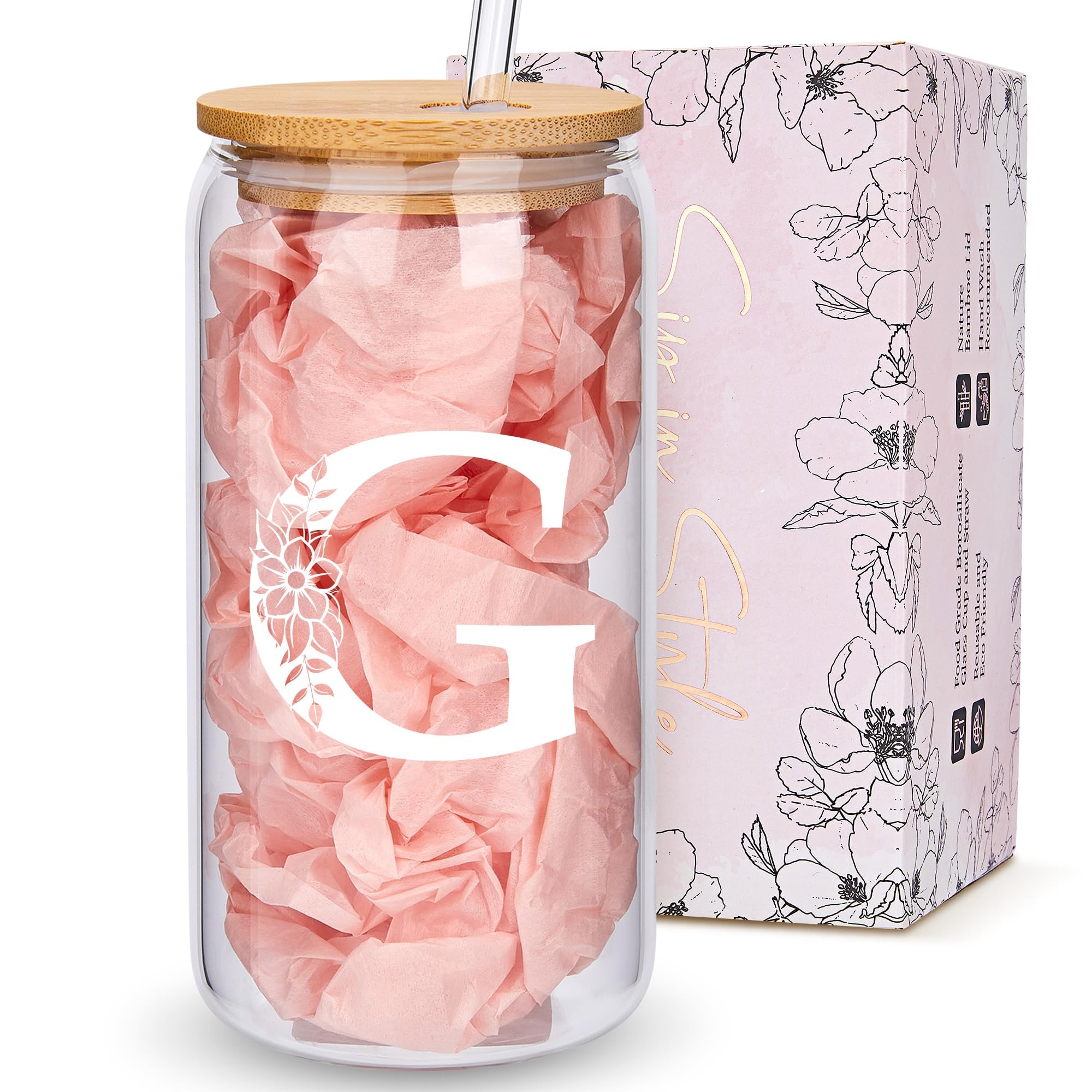 Personalized Gifts for Women, Monogrammed Glass Cups with Lids and Straws, Custom Tumbler, Cute Customized Mug, Aesthetic Stuff, Initial Iced Coffee Cup, Drinking Glasses, Birthday Teacher Gifts, G