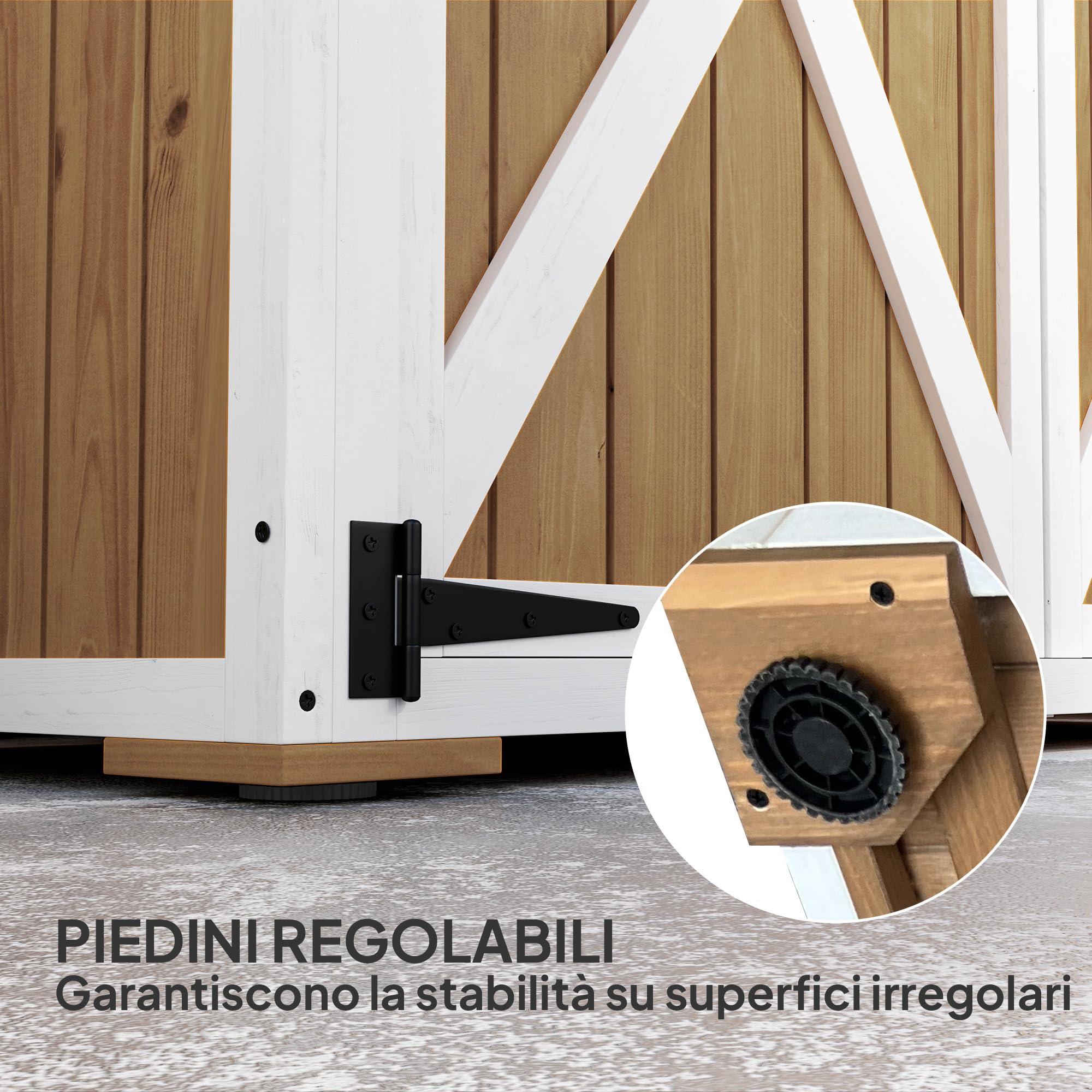 Outsunny Casetta da Giardino 0.55 m² con 2 Ripiani, 2 Porte con Serratura e Piedi Regolabili, Casetta Attrezzi Giardino in Legno di Abete e Tetto in Bitume, 116.5x57x159/167 cm, Marrone e Bianco