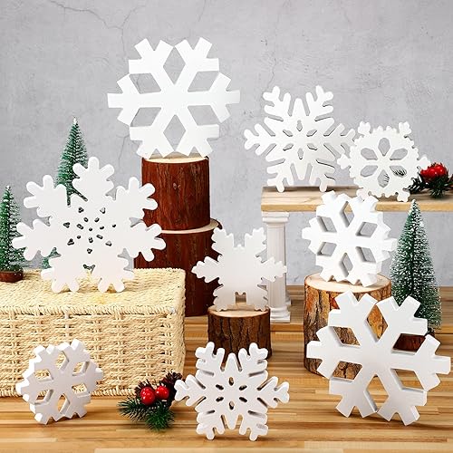 Miniatura 3 de 9 piezas de decoración navideña de copo de nieve de madera de invierno, bloque de copos de nieve blancos, decoración de mesa de invierno, letrero de