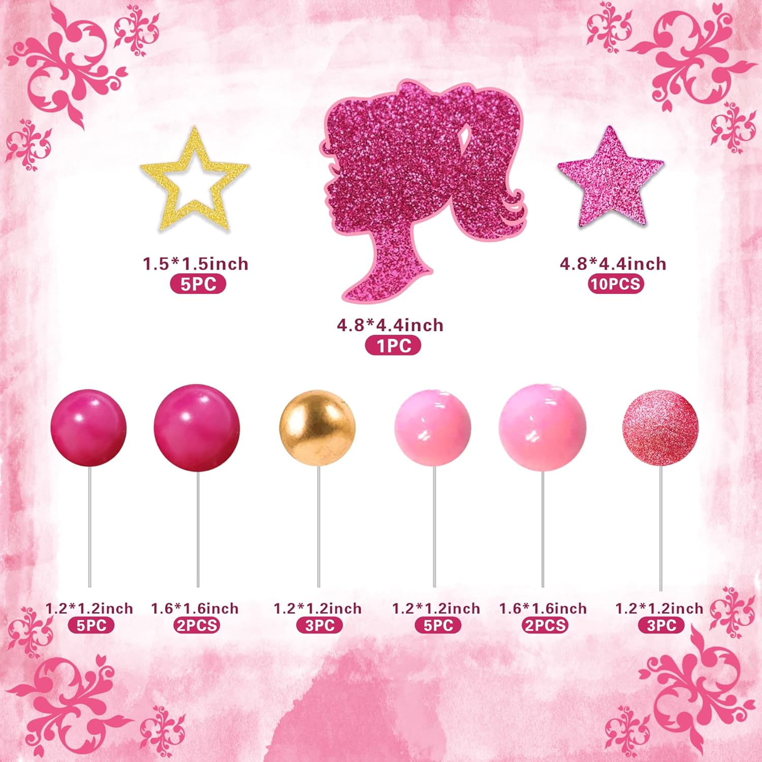 36 PCS Hot Pink Girl Cake Topper Balls Cake Decorations with Pink and Gold Balls Shiny Stars for Wedding Anniversary Girl Birthday (Stars)