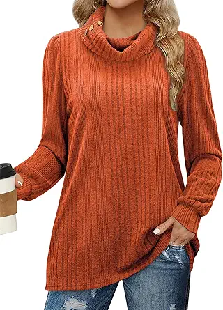 Bulotus Cowl Neck Sweaters for Women, Ladies Fall Sweater Dressy Casual Turtle Neck Tunic Sweater to Wear with Leggings Lightweight Fall Clothes Women Fashion 2024 Winter Tunic Tops, Burnt Orange, XL