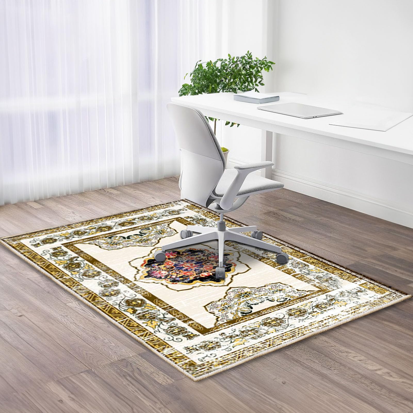 Heavyoff Office Chair Mat for Hardwood Floor, Vintage Bohemian Computer Gaming Rolling Chair Mat, Anti-Slip Backing Low-Pile Office Rug Floor Mat for Home Office, Yellow Rectangular, 200x300cm