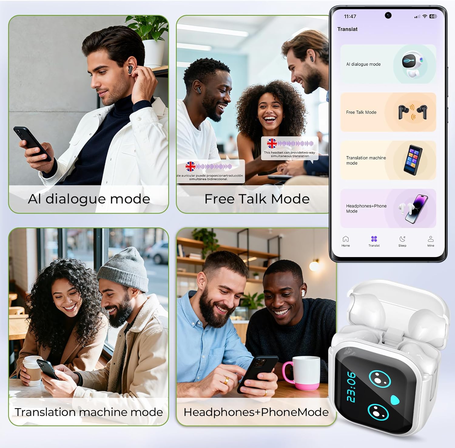 NE20 AI Translation Earbuds Real Time, 135 Language Translator Earbuds, 4-in-1 Audifonos Traductores Inglés Español Wireless Translating Ear buds Bluetooth 6.0 Headphones for Travel Meeting Learning