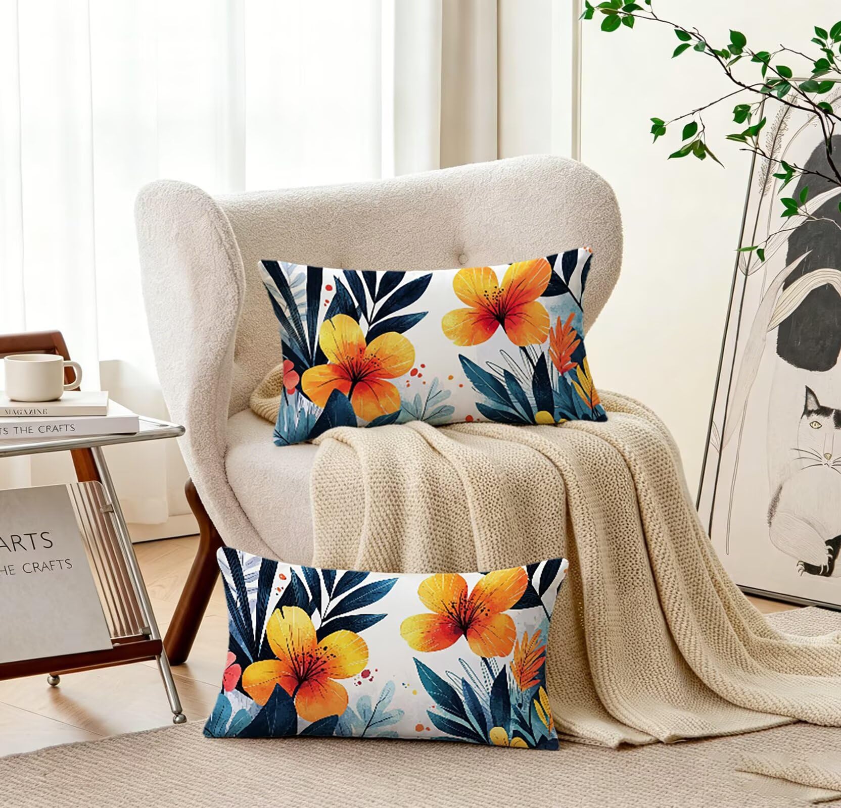 Orange Kissenbezug 60x80 Blume Kopfkissenbezug 2er Set,Wohnaccessoires & Deko,Weich und Atmungsaktiv Samt Stoff mit Verstecktem Reißverschluss für Bett Sofa Kissen Dekokissen-85873