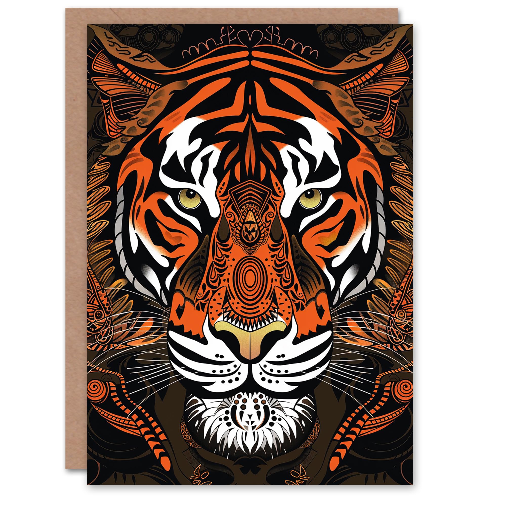 Tribal Pattern Tiger Head Design Orange on Black Birthday Card
