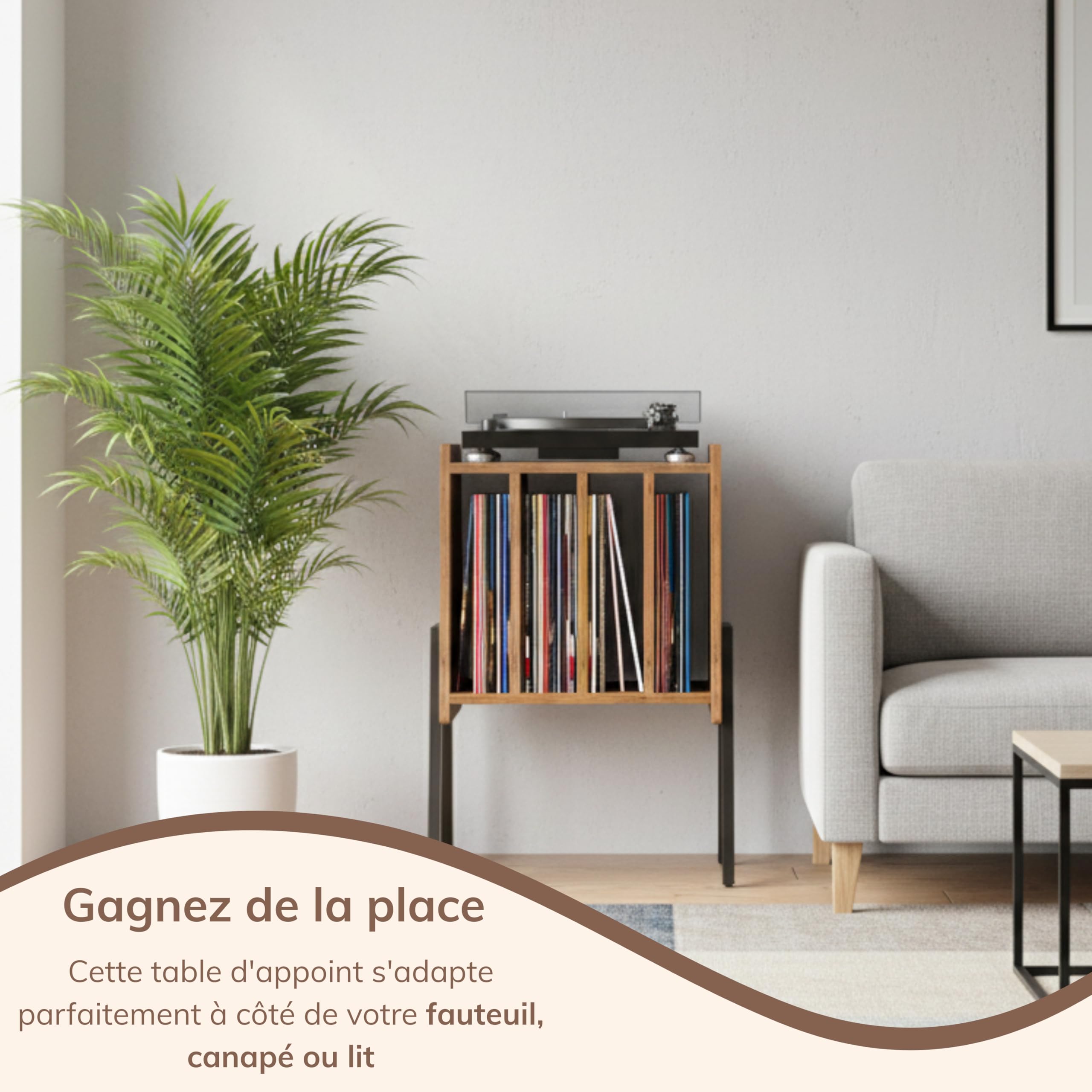 ACAZA Meuble Vinyle - pour Platine Tourne Disque et Albums Vinyles - 66 x 38.5cm - Design Bois MDF et Métal - Brun Vintage (Brun Vintage)