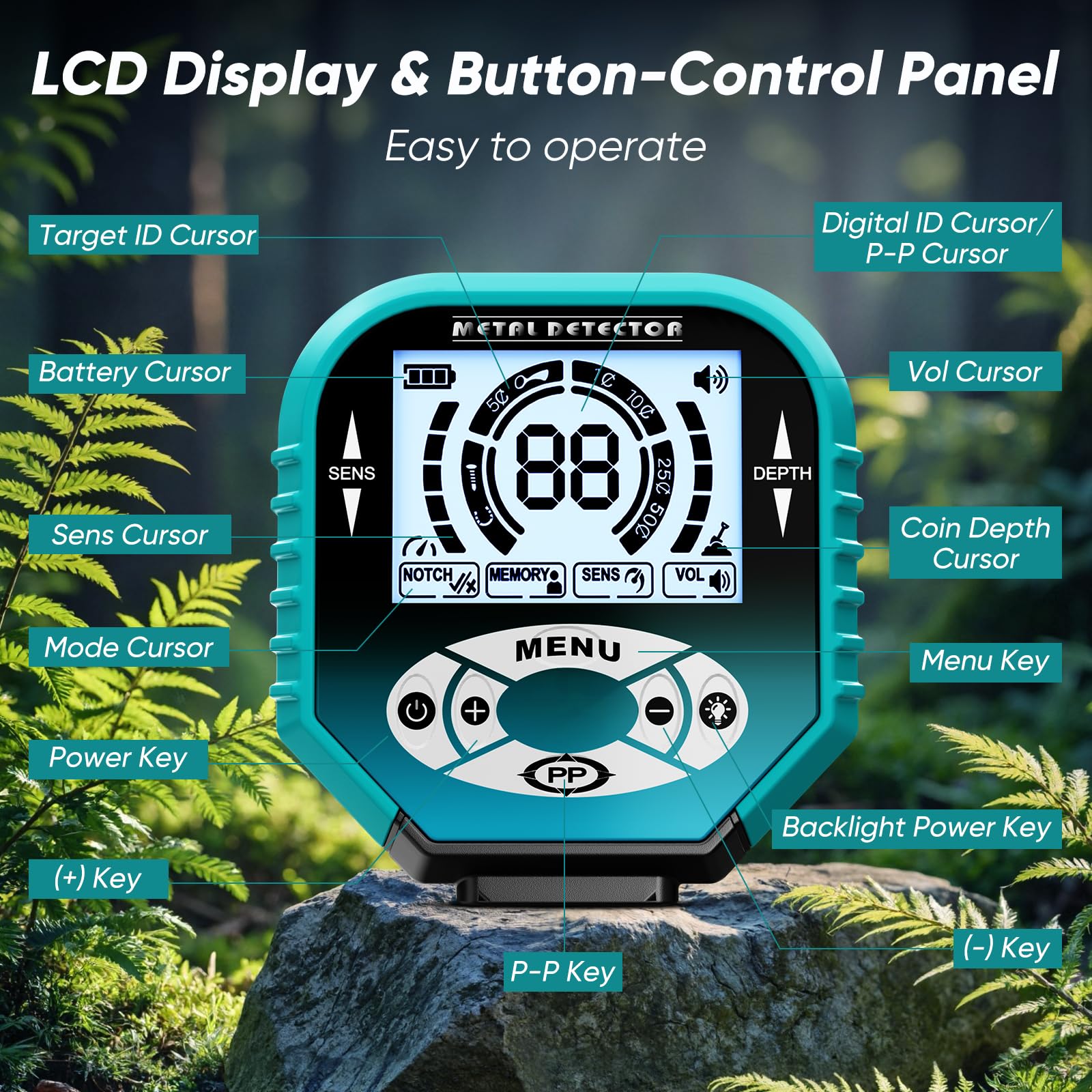 Détecteur de métaux pour Adultes et Enfants, Professionnel léger, Bobine étanche IP68 20 cm, 3 Modes de Recherche, LCD rétroéclairé, Profondeur 25 cm pour Plage et Jardin (Bleu)