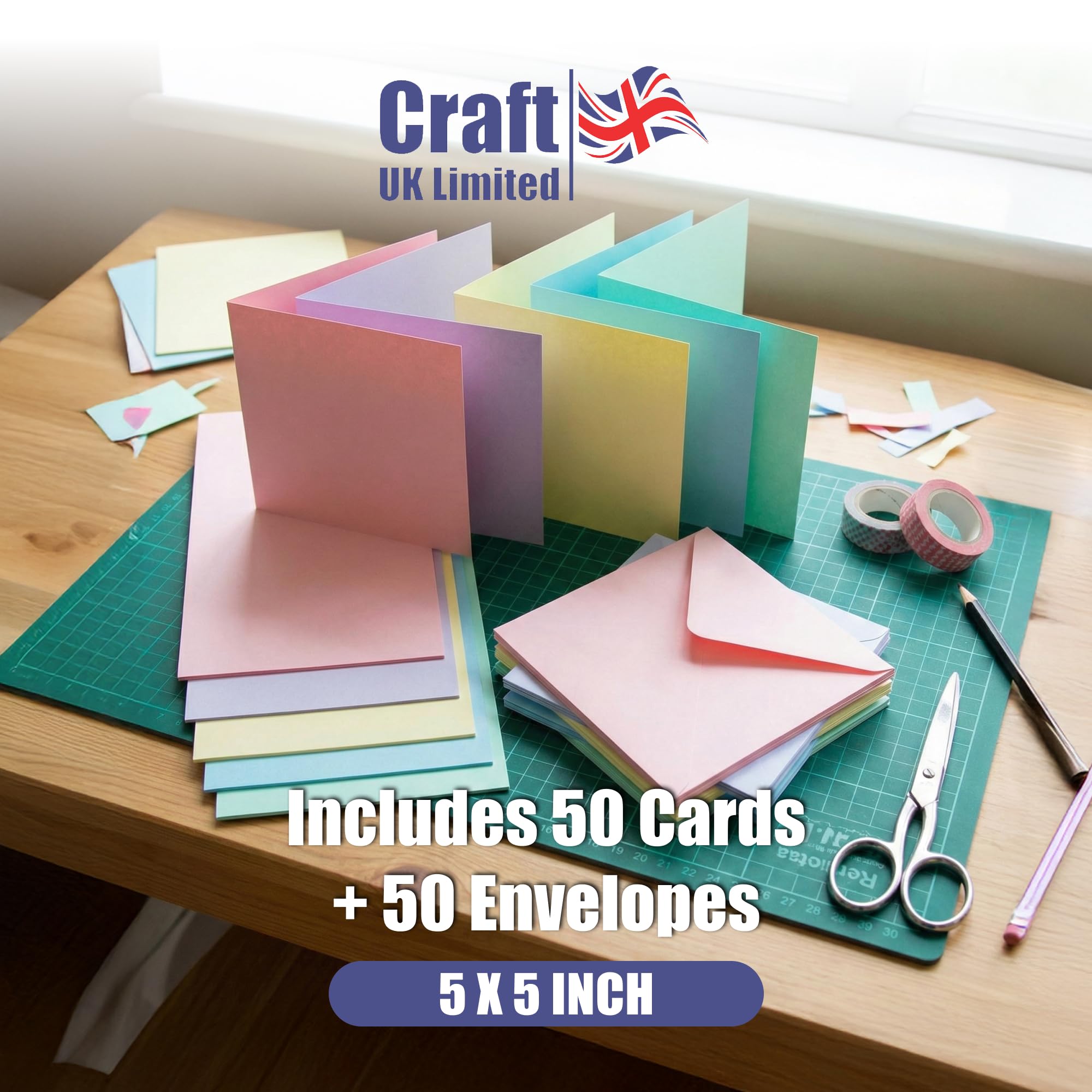 Craft UK 2350 Biglietti e Buste 5x5 cm Colori Pastello Confezione da 50
