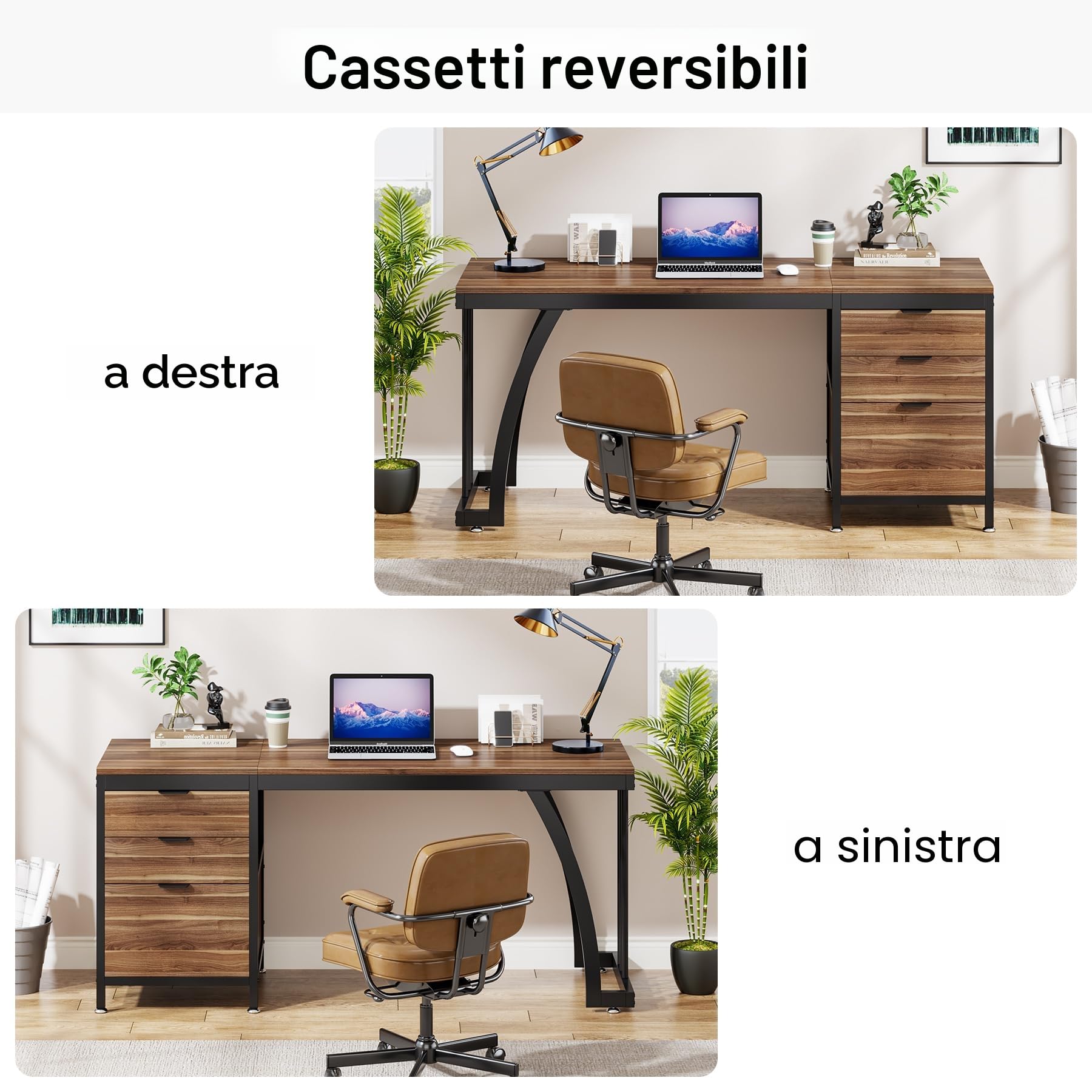 Tribesigns Scrivania per computer con 3 cassetti, 150 cm, scrivania per PC con cassetti reversibili, scrivania industriale con documenti per l'ufficio di casa (noce)