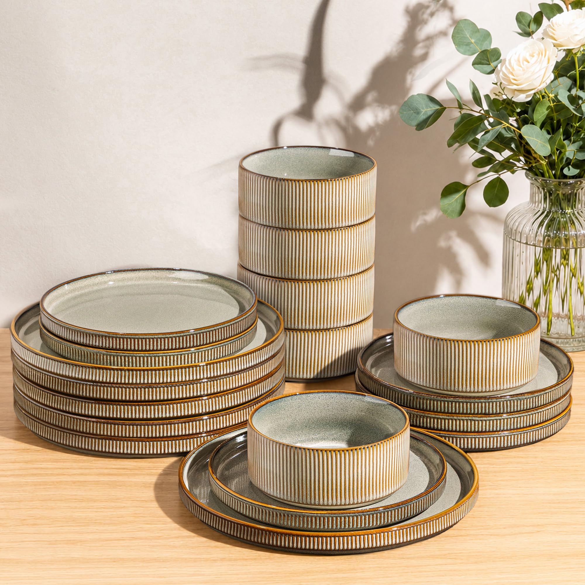 GBHOME Stoneware Dinnerware Sets for 6 Green Wheat