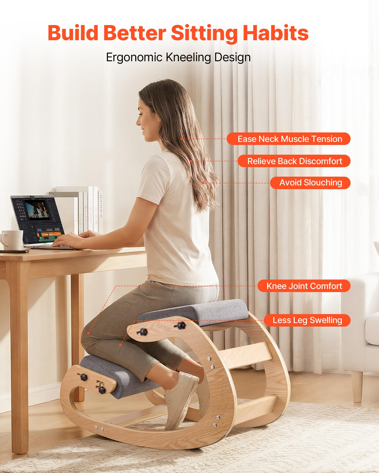 VEVOR Chaise à Genoux Ergonomique, Siège Assis Genoux Coussins en Mousse Épaisse, Réglables à 3 Niveaux, pour Maison Bureau Méditation, Cadre en Bois Massif, Soulage Tensions du Cou et du Dos, Grise