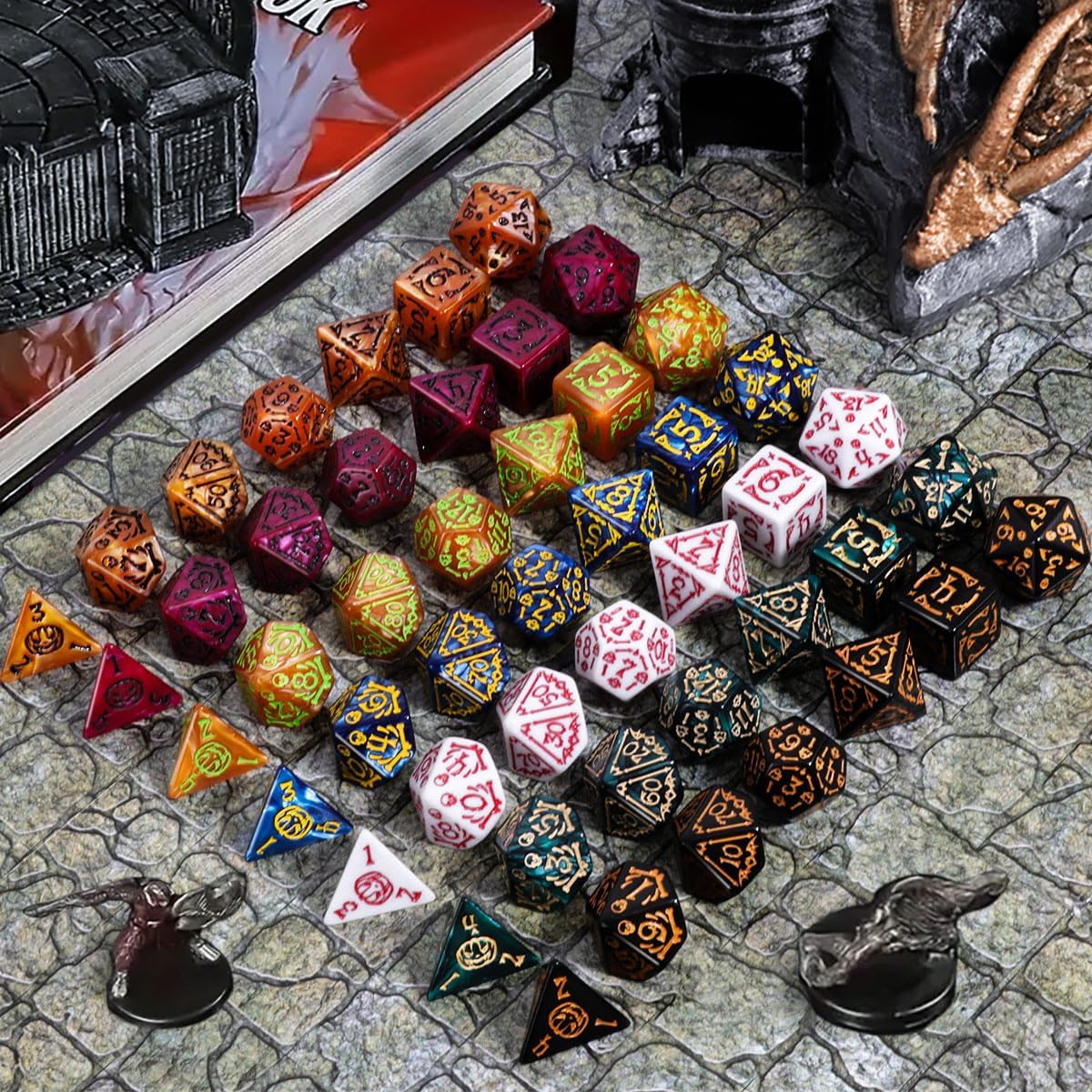 Arcane Fantasy 49PCS Polyhedral RPG Dice with 7 Drawstring Bags, Magic Rune Designs with Pumpkin, Skull & Wizard Icons, for Dungeons & Dragons, Pathfinder & Tabletop Games