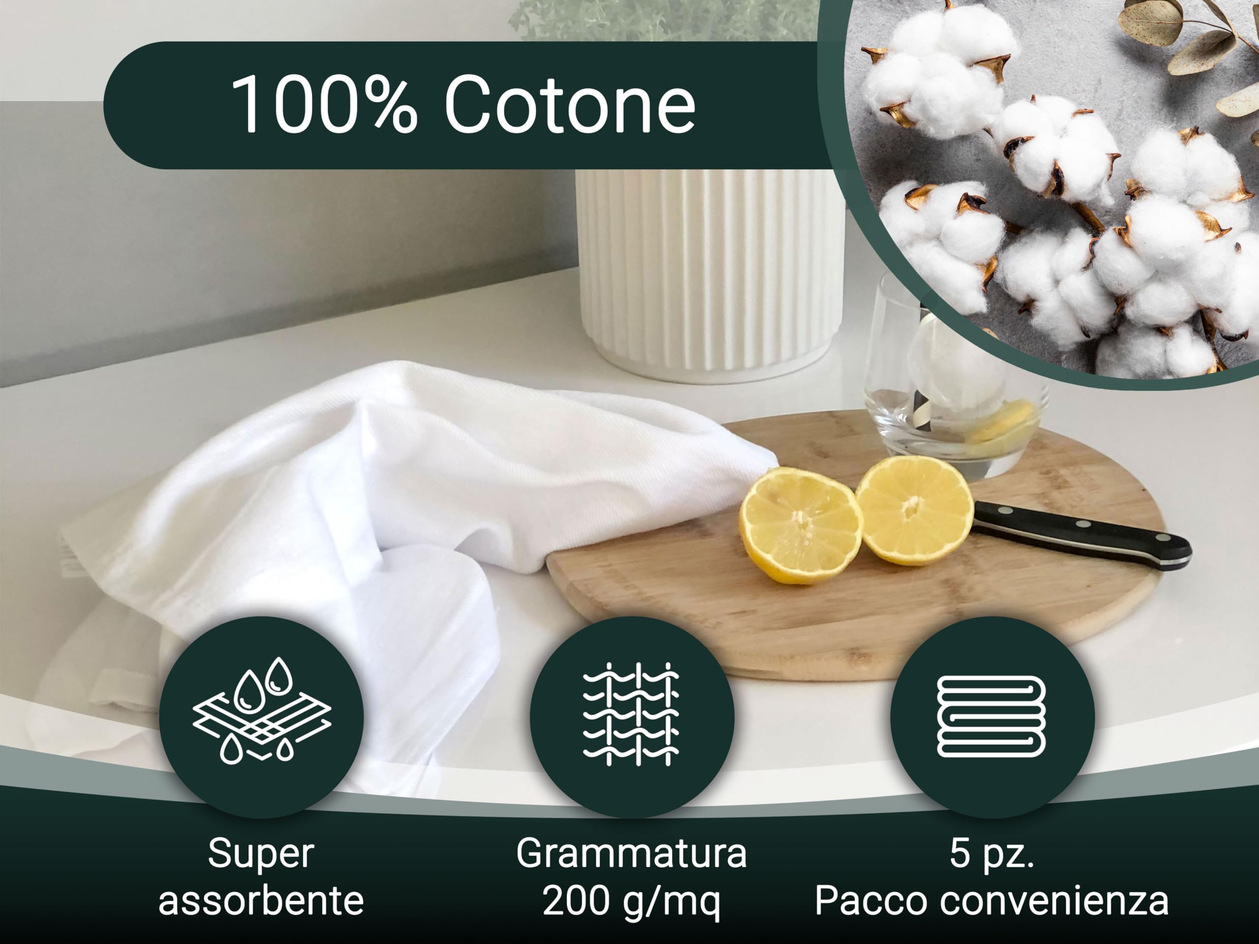 5 Strofinacci In Cotone-Lino | 50x70 Cm | Super Assorbenti | Senza Pelucchi | Certificato Oeko-Tex