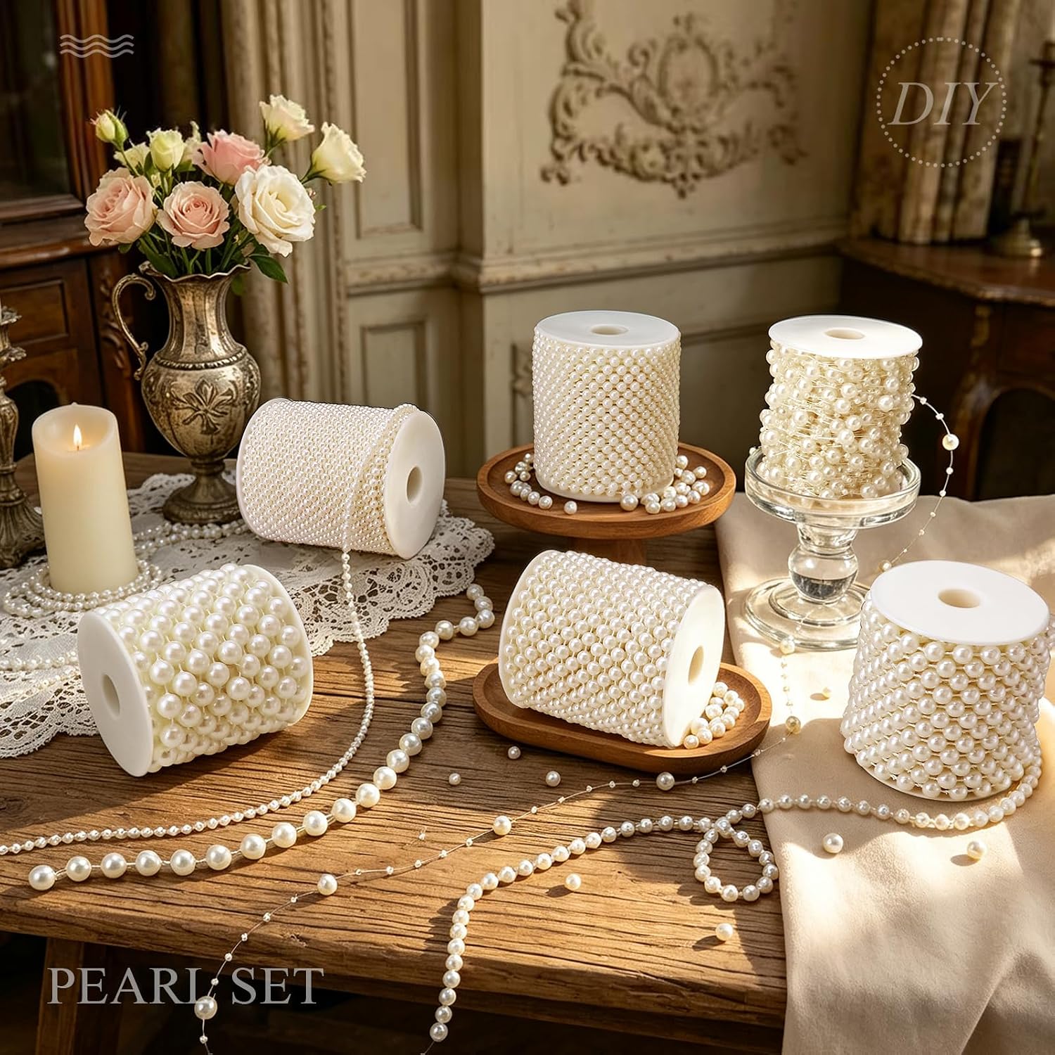 6 Rolls 260 Feet Pearl Strings Garland, Faux String of Pearls for Crafts, Artificial Pearl Strands for Wedding Party Flower Valentine Christmas Decoration, 6 Sizes 4/5/6/8/10mm 8+3mm, Ivory