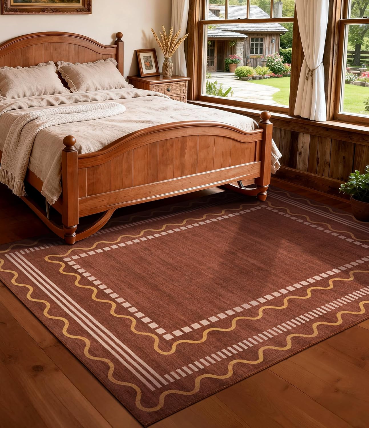 YIHOUSE Burnt Orange Scalloped Bedroom Rugs 5x7, Non-Slip Washable Farmhouse Border Rug for Living Room, Low-Pile Indoor Carpets, Stain-Resistant Vintage Rusty Rugs for Dining Room, Office