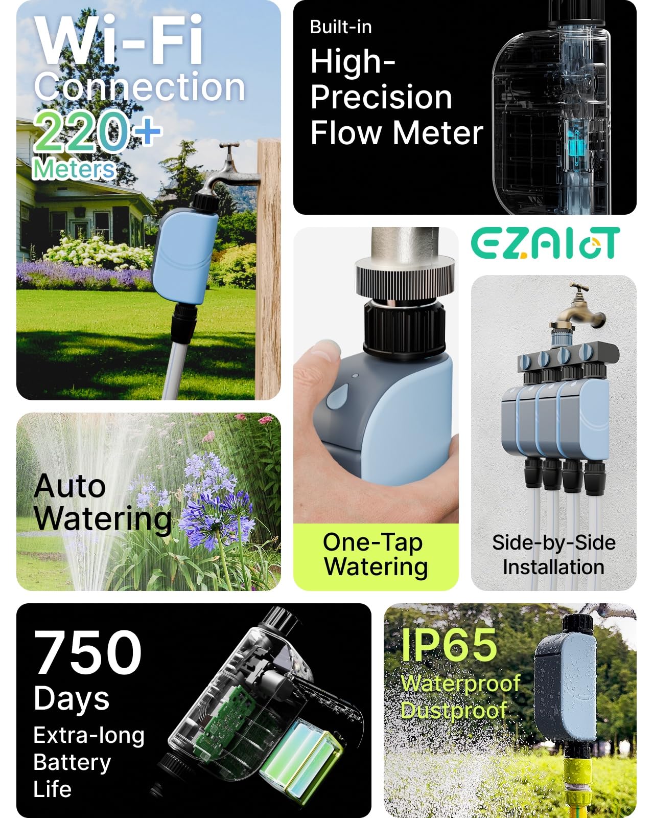 Ordinateur d'irrigation WiFi : WiFi Direct, IP65 étanche à la poussière et à l'eau, 4 piles, plusieurs modes d'arrosage avec minuterie ou dosage, journal d'irrigation, pour jardin, pelouse