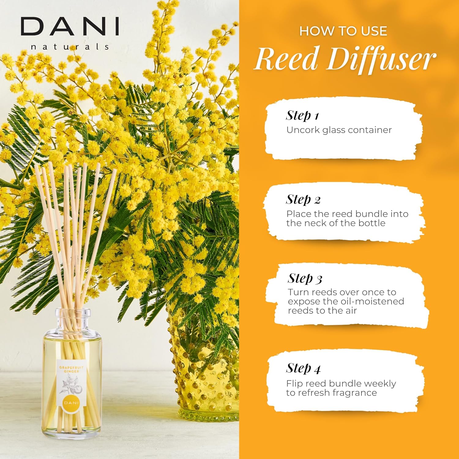 DANI Naturals Reed Diffuser Set - Fresh Grapefruit Ginger Scent - Aromatherapy Essential Oils - Alcohol-Free, Non-Toxic, Eco-Friendly - 10 Sticks - 3.5 oz