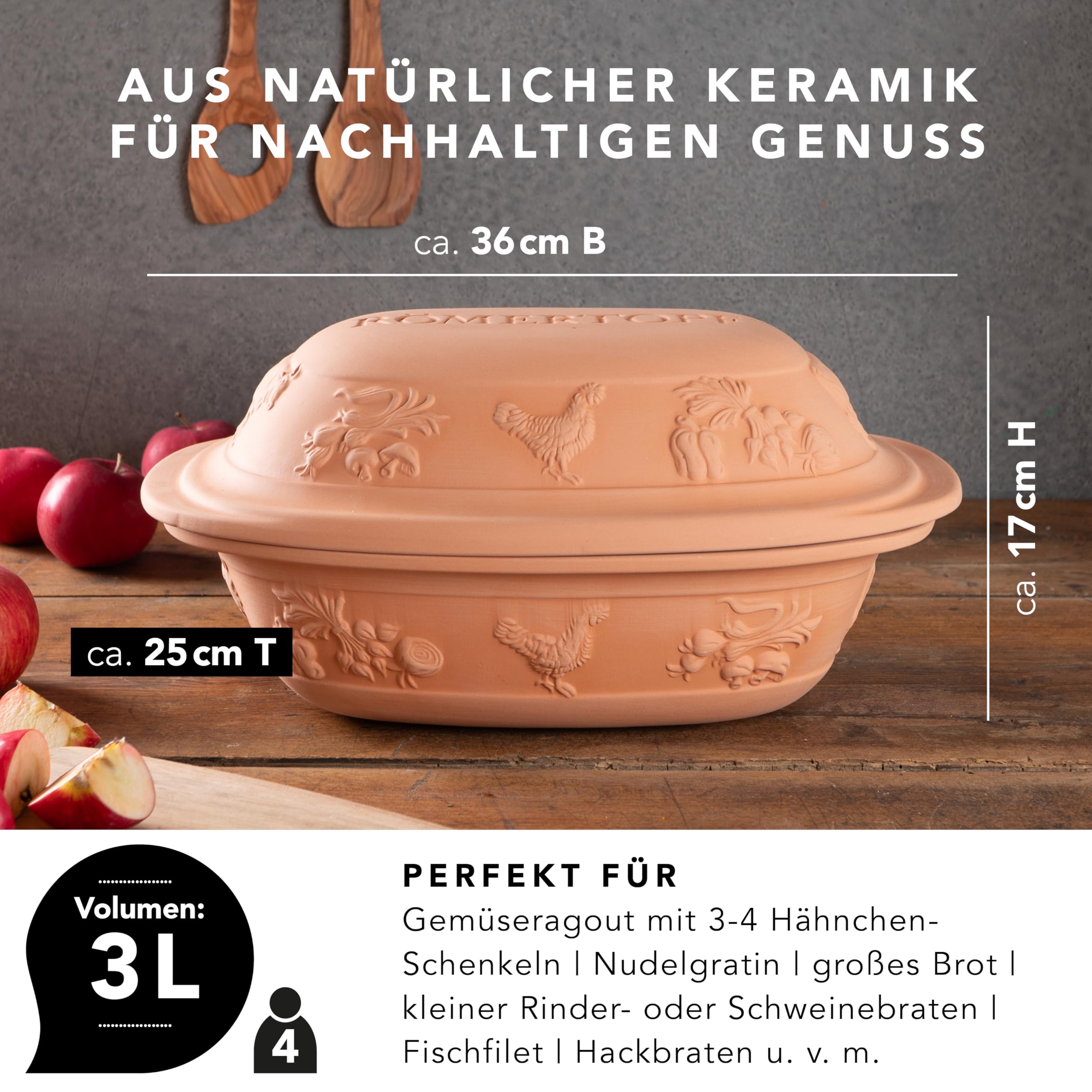Römertopf Tegame in Terracotta Naturale con Coperchio – Pentola da Forno per Arrosti e Stufati, Cottura Sana senza Grassi, Terracotta, dal 1967