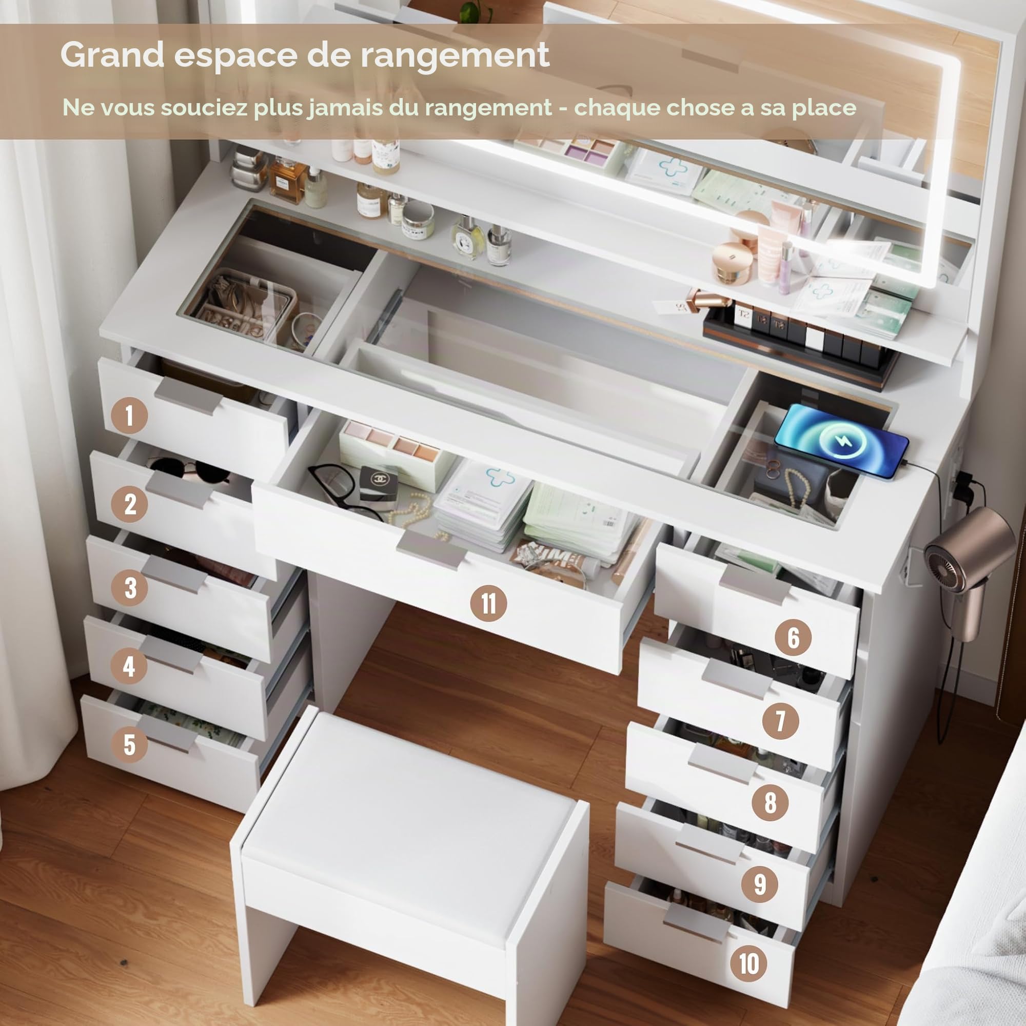 Mondeer Coiffeuse avec Miroir et Tabouret, LED Maquillage Luminosité Réglable avec Plateau en Verre et 11 Tiroirs, Coiffeuse Moderne avec Prise, pour Chambre à Coucher, Blanc