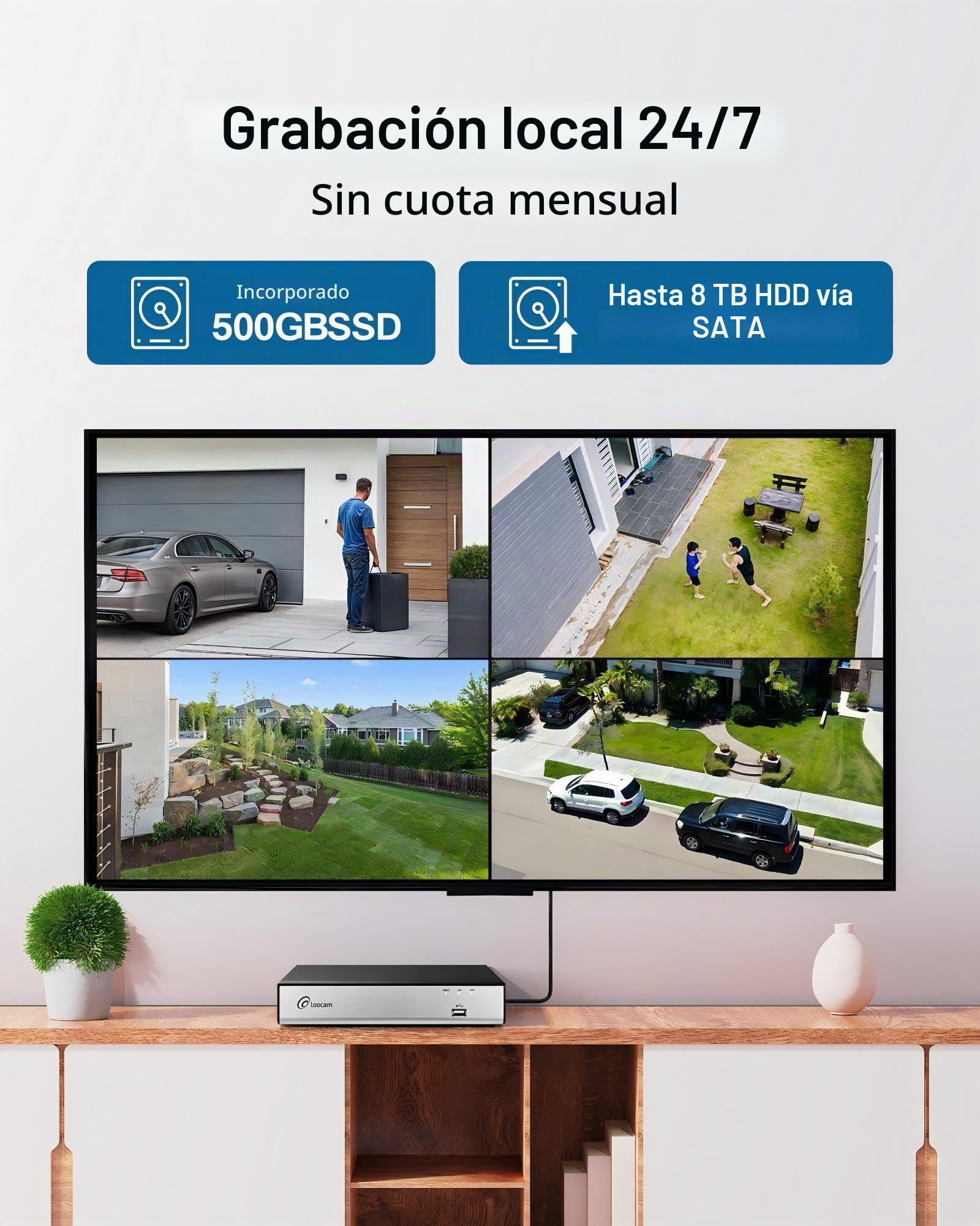 Loocam Kit de Videovigilancia 5MP Lite 8CH H.265+ Grabador DVR 500GB | 4 Cámaras de Seguridad 2MP, Interior/Exterior, Detección AI Humana/Vehicular, Visión Nocturna IR, Acceso Remoto