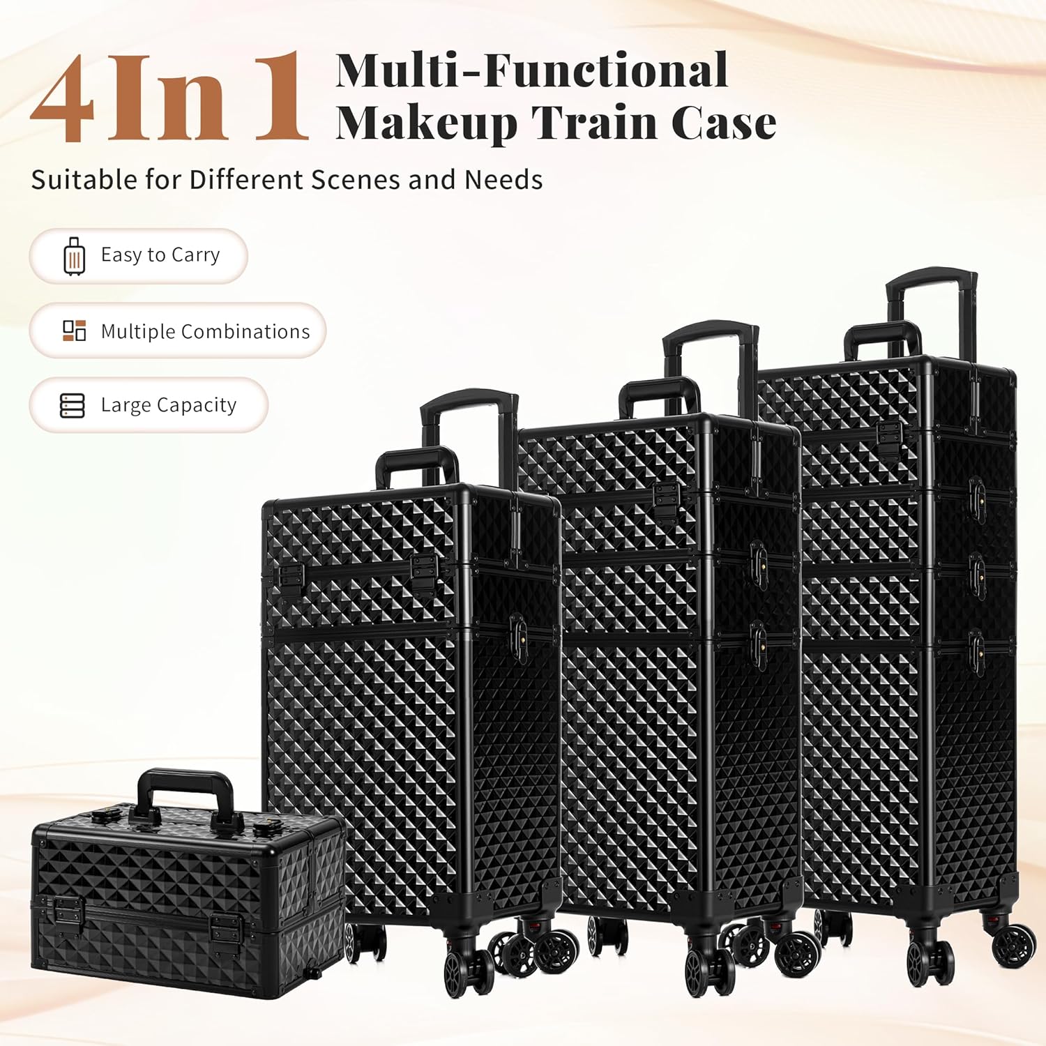 AROUS Rolling Makeup Train Case 4 in 1 Cosmetology Case on Wheels Large Storage Cosmetic Trolley with Key Salon Barber Case Traveling Cart Trunk, Black - Image 2