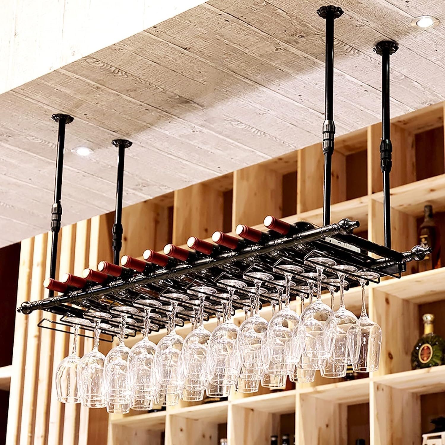 Porte-verres à vin réglable à suspendre au plafond suspendu métal noir