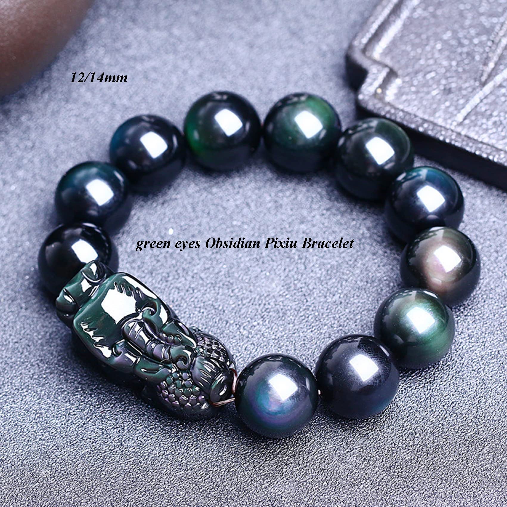 MOCHAMIK Schwarzer Obsidian, Pi Yao Reichtum, 12 mm, Reiki-Kristall, spirituelles Chakra-Amulett, Glück, verstellbar, Abwehr des Bösen, grün, 12 mm