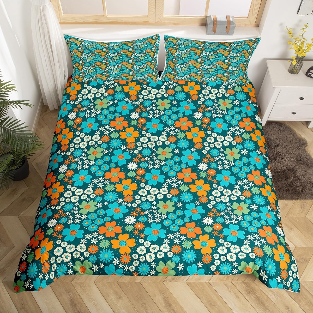 Retro Floral Bedding Sets Full Size Vintage 70S 60S Groovy Duvet Cover for Kids Adults Teens,Orange Blue Flowers Comforter Cover Boho Exotic Hippie Quilt Cover 2 Pillow Cases Aesthetic Room Decor