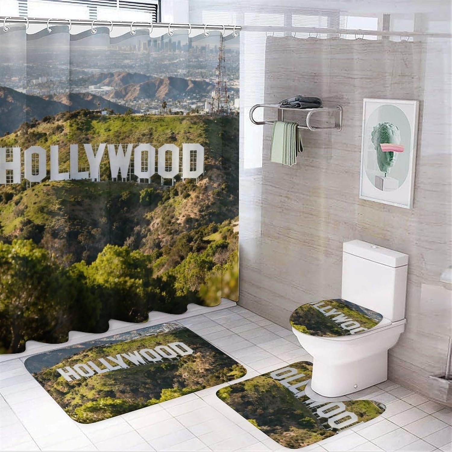 4 Piece Bathroom Rug Set with Shower Curtain, Non-Slip Bath Mat Toilet Cover Set, Hollywood Icon Bathroom Rug Sets