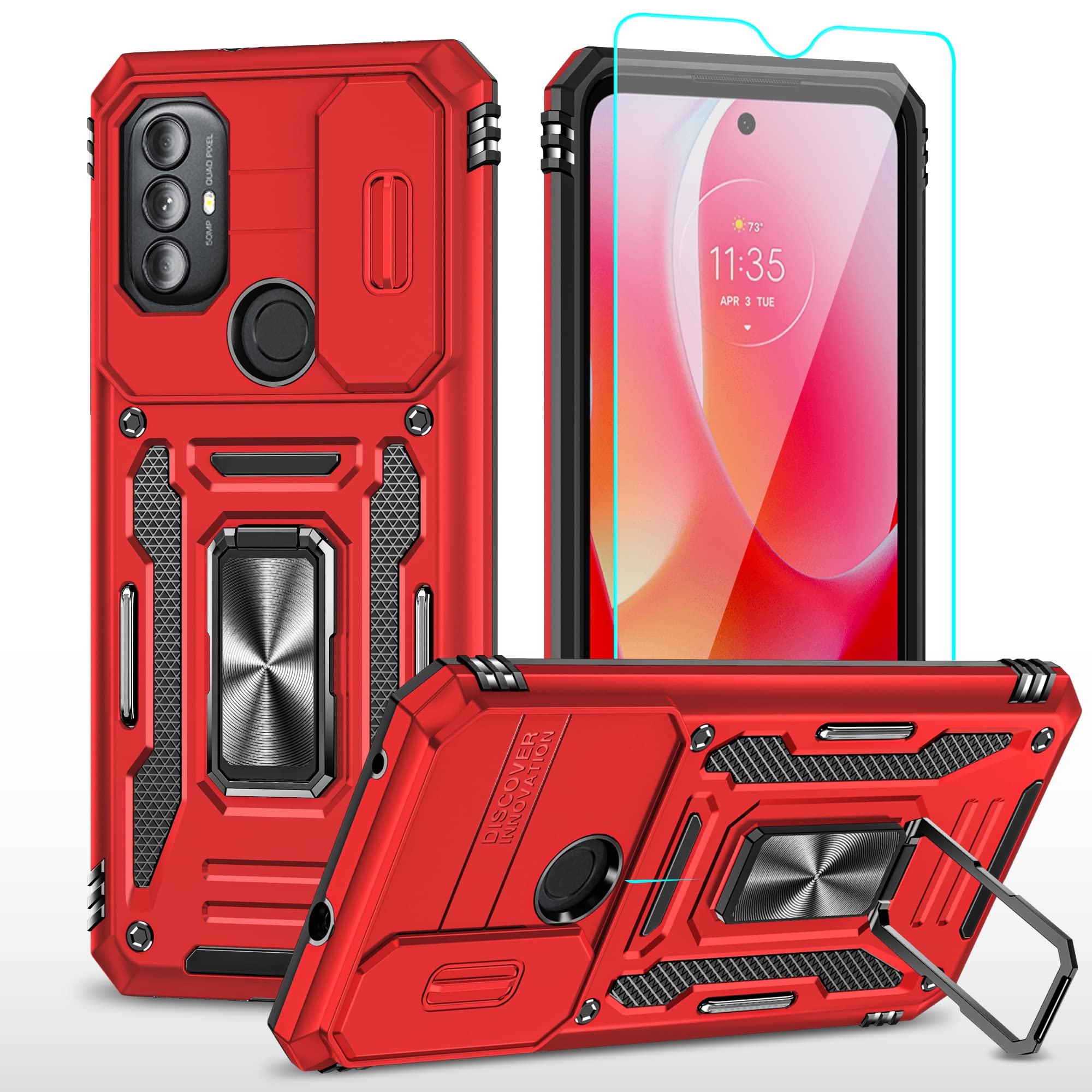 SKMY for Moto G Phone Case,Moto G Power 2022 Case with Camera Cover & 360°Kickstand Ring with Screen Protector, Military Grade Shockproof Protective Phone Case for Motorola G Pure (Red Kickstand)