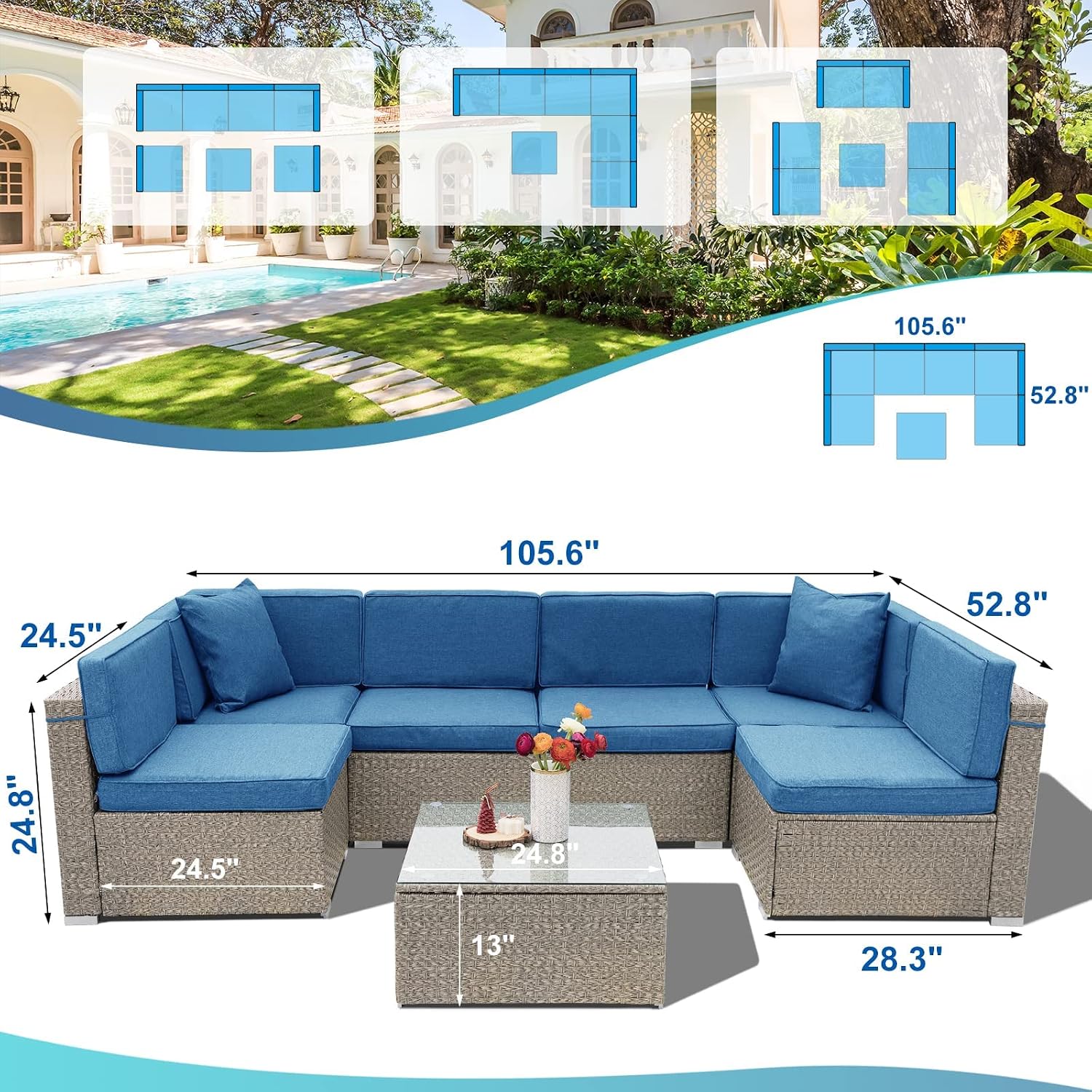LUCKWIND Patio Conversation Set Sectional Sofa Couch Modern - 7 Pieces All-Weather Grey Wicker Rattan Outdoor Furniture Sets Seating Cushion Glass Coffee Table Accend Pillow, Blue