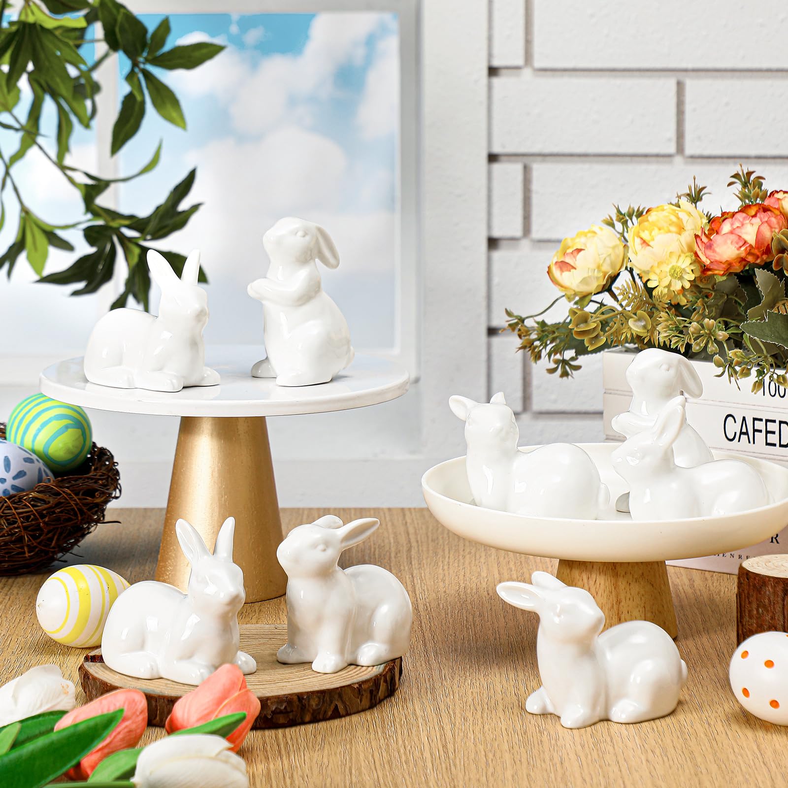 Nuenen 8 Pcs Mini White Ceramic Bird Decor Ceramic White Chubby Birds Small Animal 3.5 Inch Spring Easter Porcelain Modern Home Decor for Shelf, Living Room, Bedroom, Cabinets, Office Desktop(Rabbit)