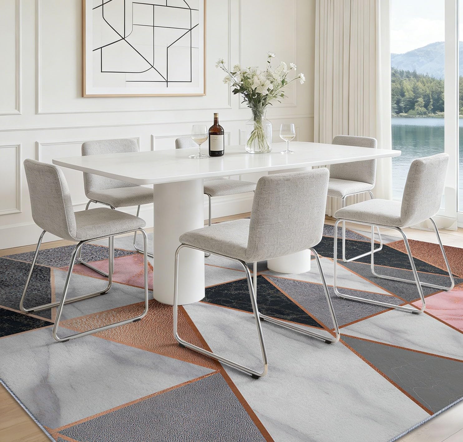 Teppich Wohnzimmer Geometrisches Dreieck aus Marmor 60x120cm Waschbare Kurzflor Teppiche Großer rutschfest Carpet, für Schlafzimmer, Büro, Kinderzimmer Druck Teppich