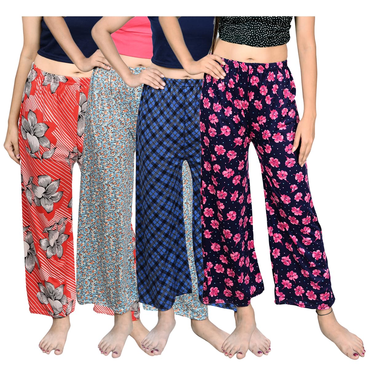 Printed Womens Pyjama Night Pant Track pant Soft polyster febric night Wears combo Pack of 4 (Assorted Prints)