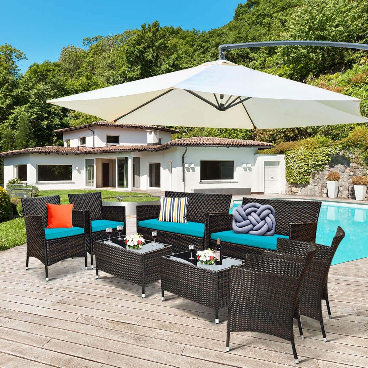 RELAX4LIFE 8-Piece Patio Furniture Set - Wicker Rattan Chairs w/Tempered Glass Coffee Table & Seat Cushions, Sofa Set for Garden Backyard Porch Balcony, Outdoor Conversation Set (Turquoise, 2)