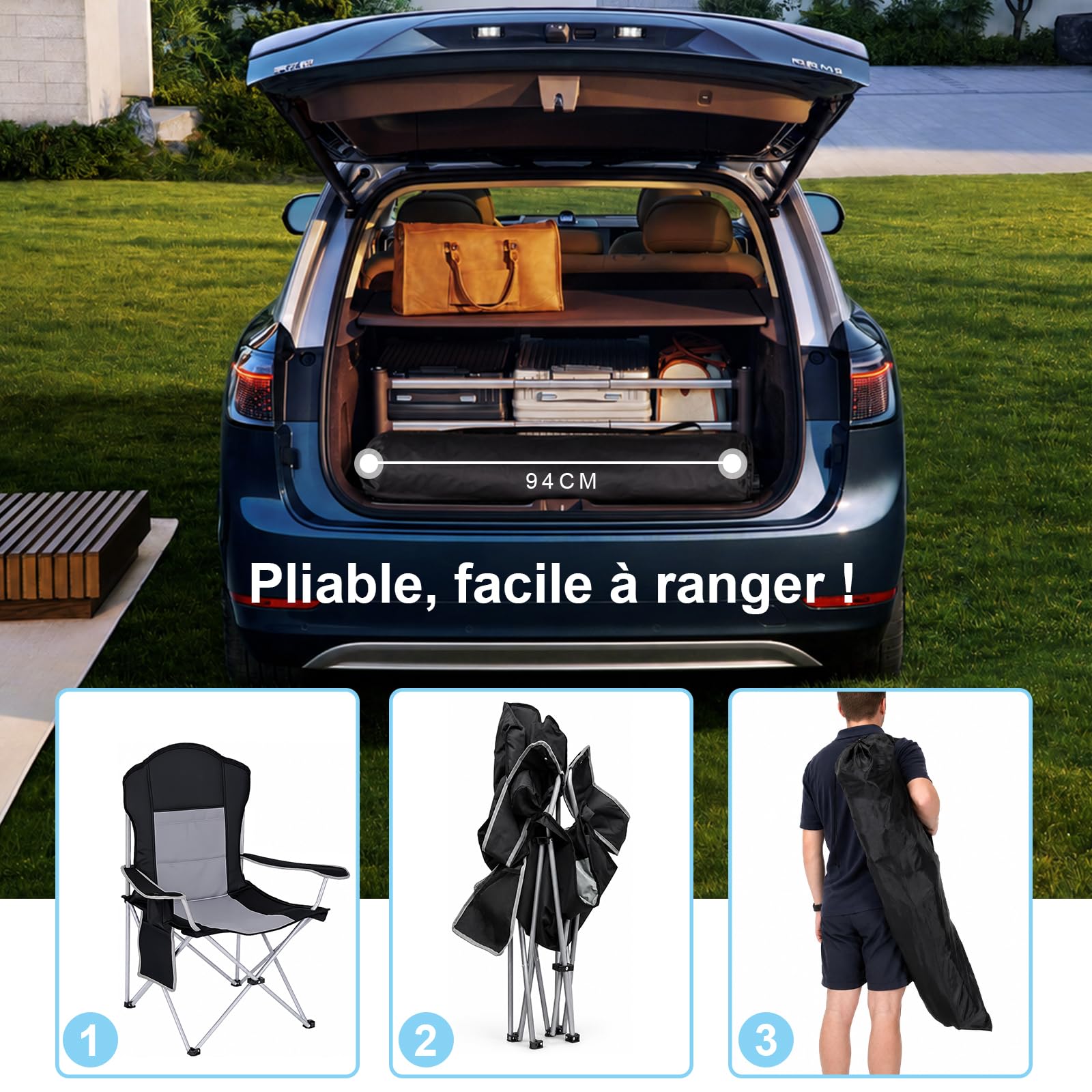 Chaise Pliante Camping XXL Haute Charge 160KG+,pour Plage/Camping/Pêche | Confort longue assise, sac de rangement inclus, adapté toutes morphologies, pliage 1 seconde, usage jardin balcon