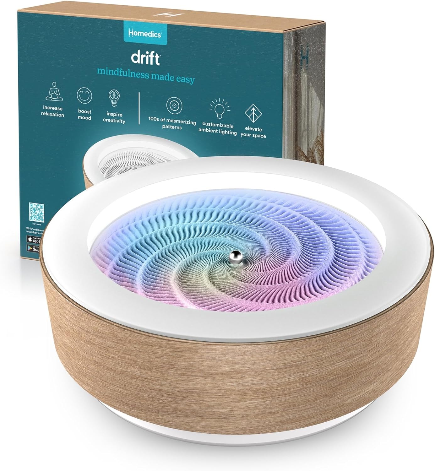 Homedics Drift 10” Wood Sand Table – App Controlled Moving Sand Art for Desk, Automated Sandscape Display with LED Lights, Quiet Metal Sphere, Modern Zen Relaxation Home Office Decor (Black Walnut)