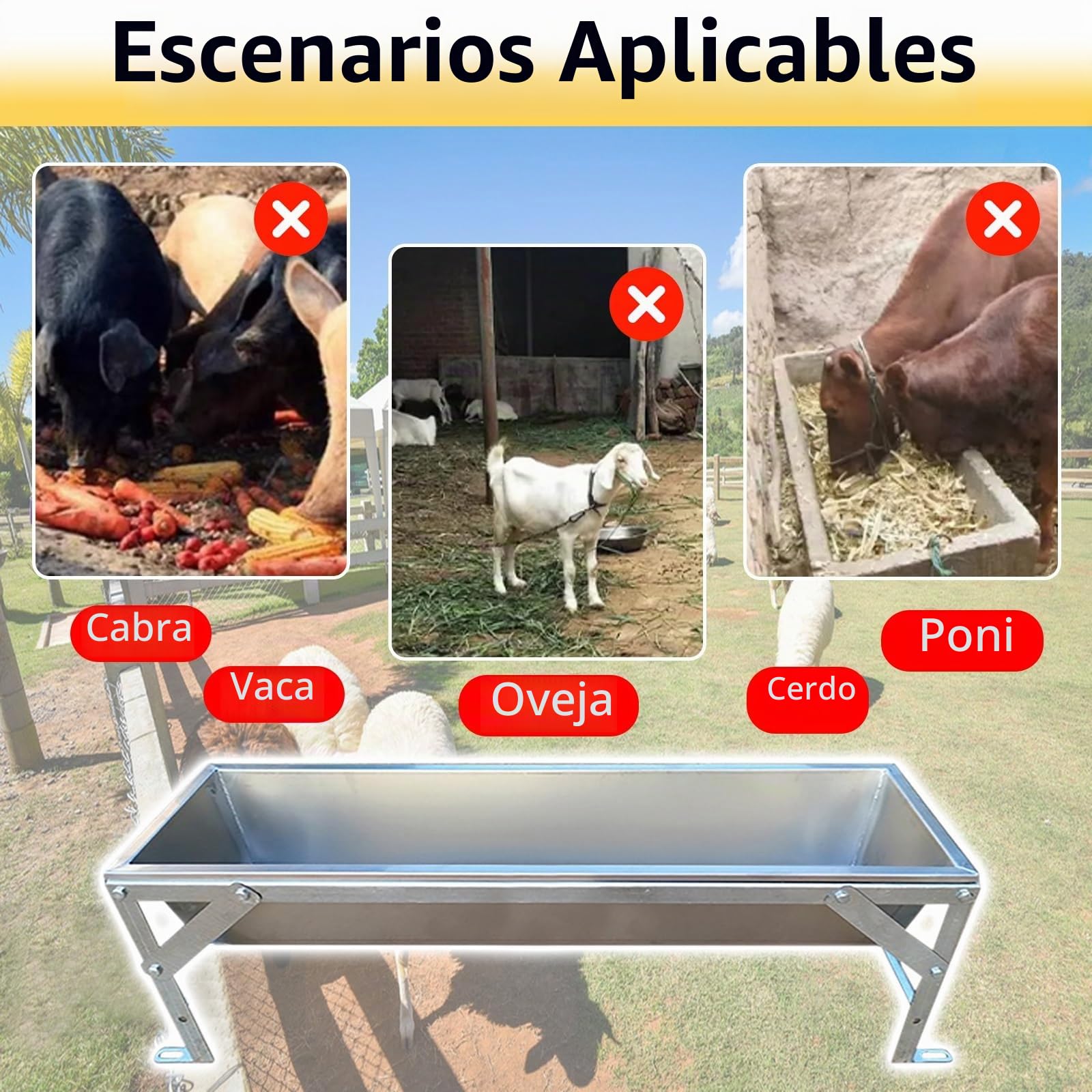 Comedero Para Ganado Comedero metálico para vacas de gran capacidad (largo: 50 cm, 100 cm y 195 cm), para ganado pequeño, pollos, cerdos, cabras y caballos, con soporte de 30 cm(L 100cm(39 2/5in))