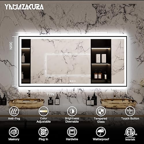 Miniatura 2 de Espejo de baño grande de 77 x 36 pulgadas, retroiluminado y frontal con luz LED, espejo de tocador moderno rectangular negro, regulable, antiniebla,