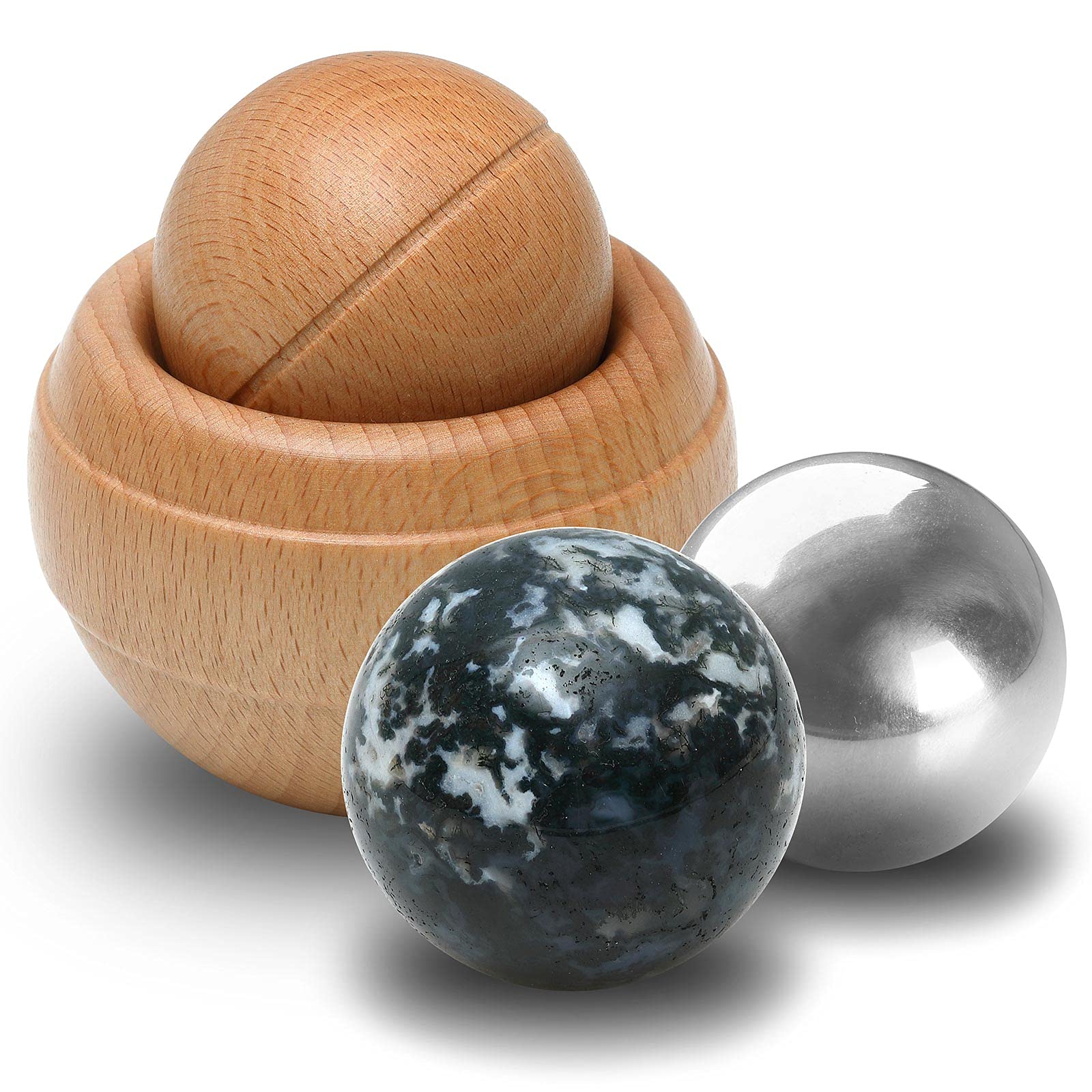 Kernpower BodyRoller Massageroller elements lackiert, Natursteinkugel, Edelstahlkugel und Holzkugel, aus Rotbuchenholz im Jutebeutel