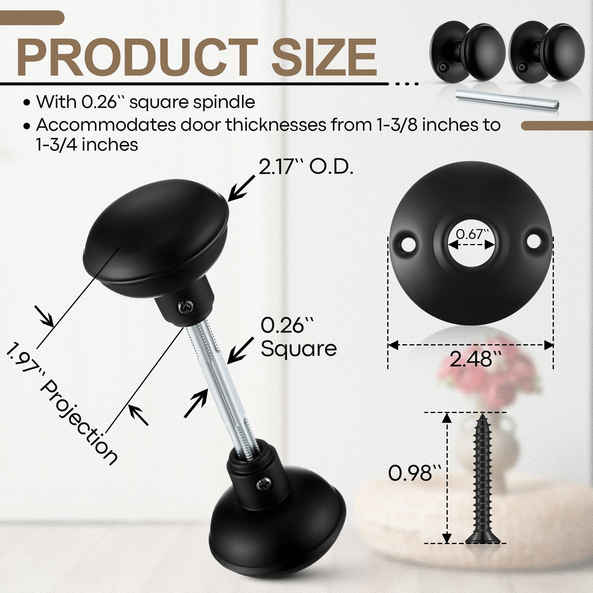Matte Black Door Knobs - Retro Style Set -3